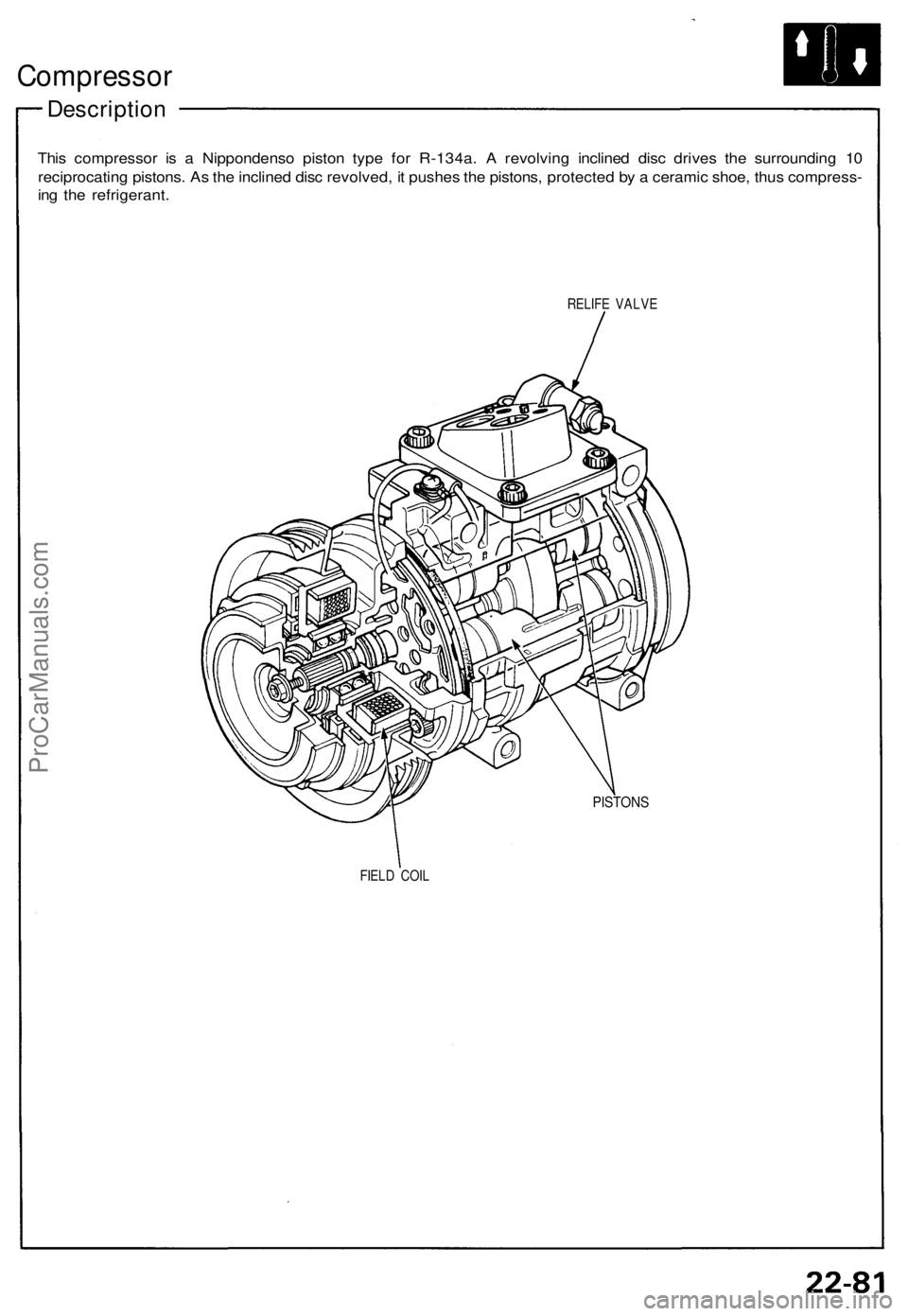 ACURA NSX 1991  Service Repair Manual 
Compressor

Description

This compressor is a Nippondenso piston type for R-134a. A revolving inclined disc drives the surrounding 10

reciprocating pistons. As the inclined disc revolved, it pushes 