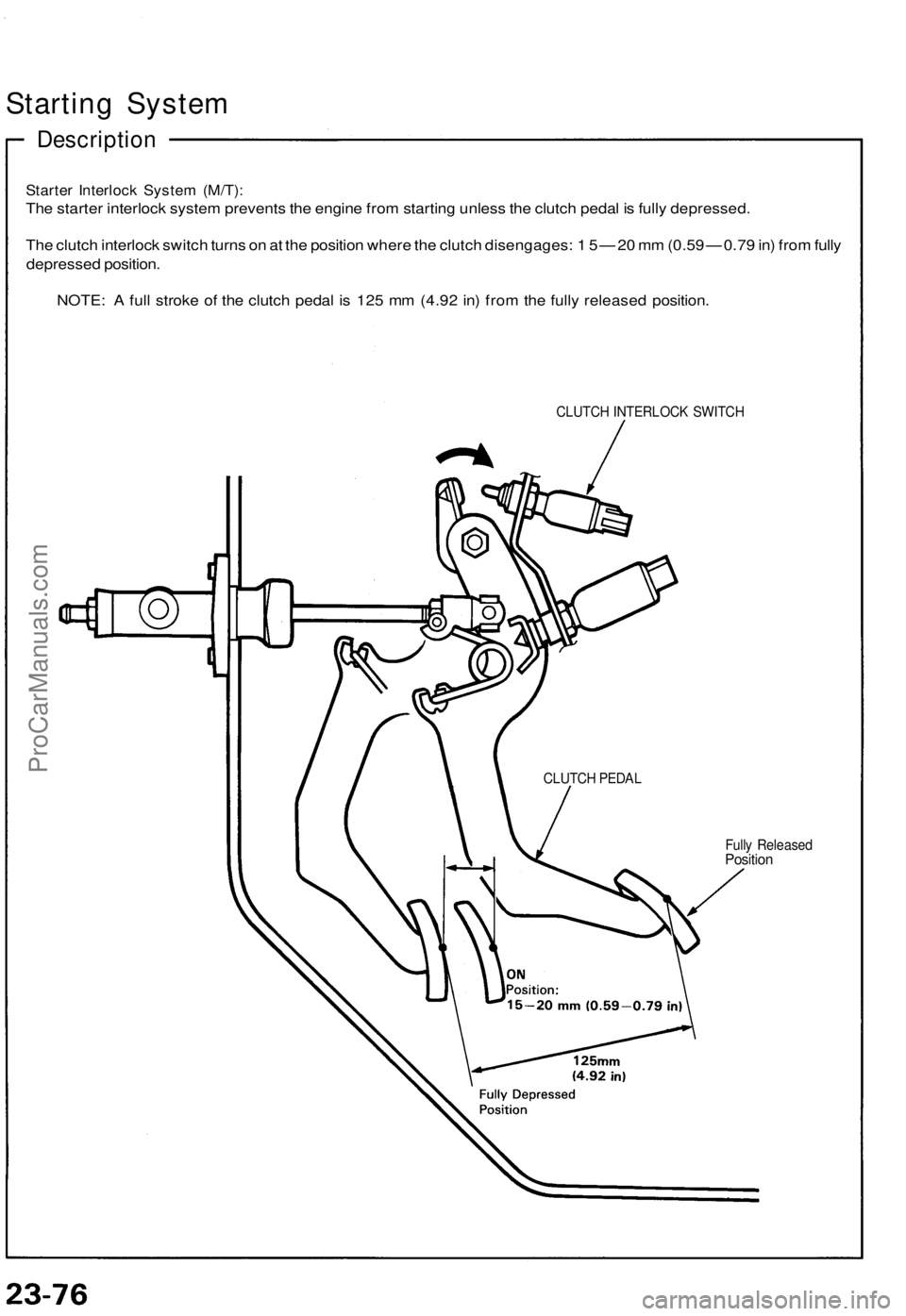 ACURA NSX 1991  Service Repair Manual 
Starting System

Description

Starter Interlock System (M/T):

The starter interlock system prevents the engine from starting unless the clutch pedal is fully depressed.

The clutch interlock switch 