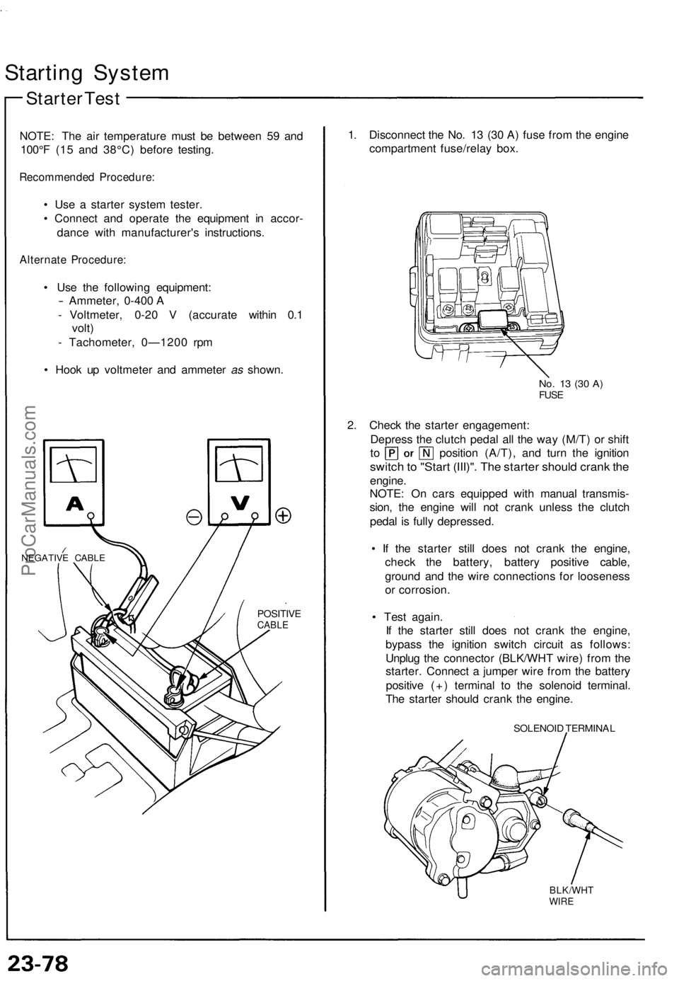 ACURA NSX 1991  Service Repair Manual Starting Syste m
Starter Tes t
NOTE : Th e ai r temperatur e mus t b e betwee n 5 9 an d
100° F (1 5 an d 38°C ) befor e testing .
Recommende d Procedure :
• Us e a  starte r syste m tester .
• 