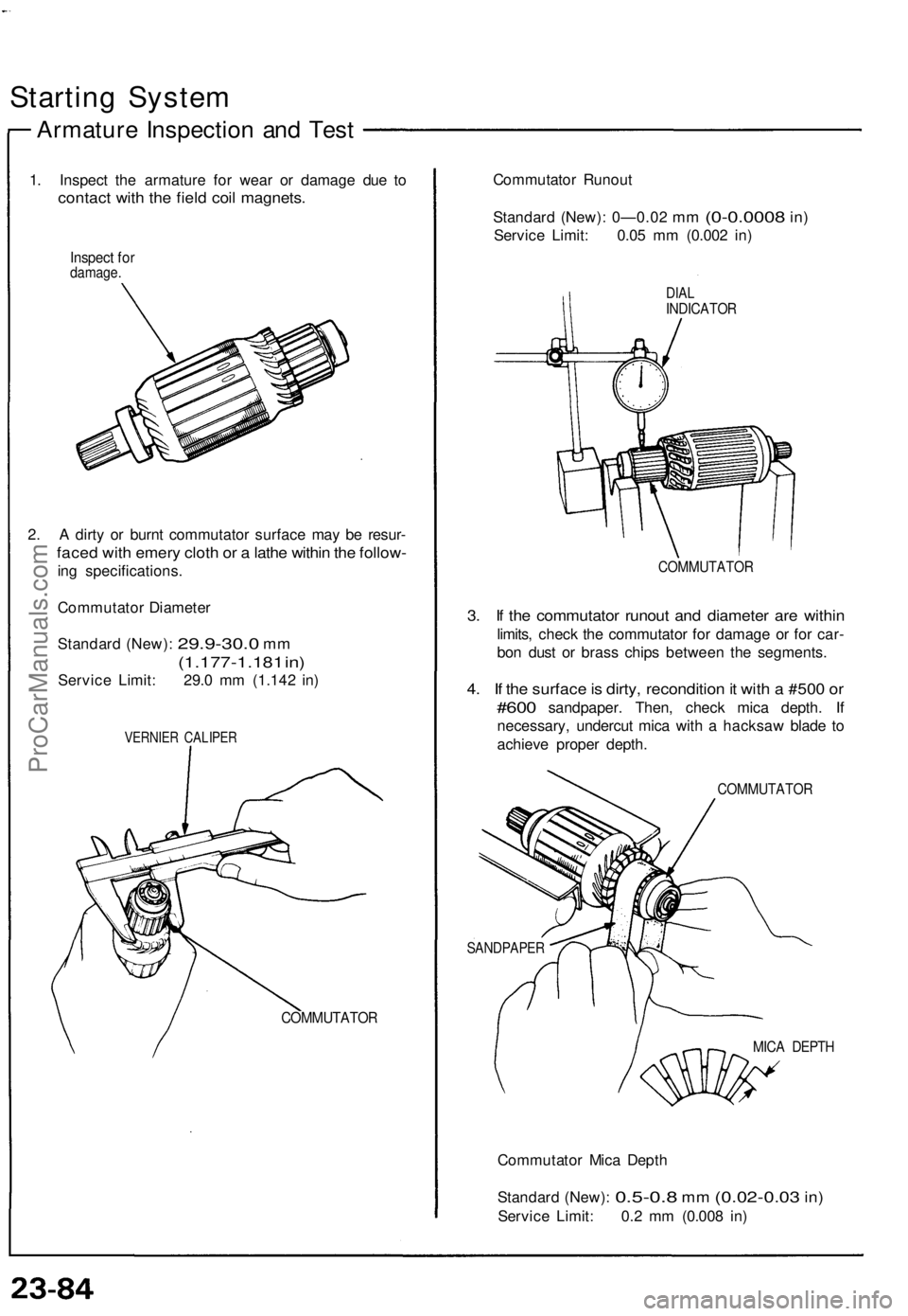 ACURA NSX 1991  Service Repair Manual 
Starting System

Armature Inspection and Test

1. Inspect the armature for wear or damage due to

contact with the field coil magnets.

Inspect for

damage.

2. A dirty or burnt commutator surface ma