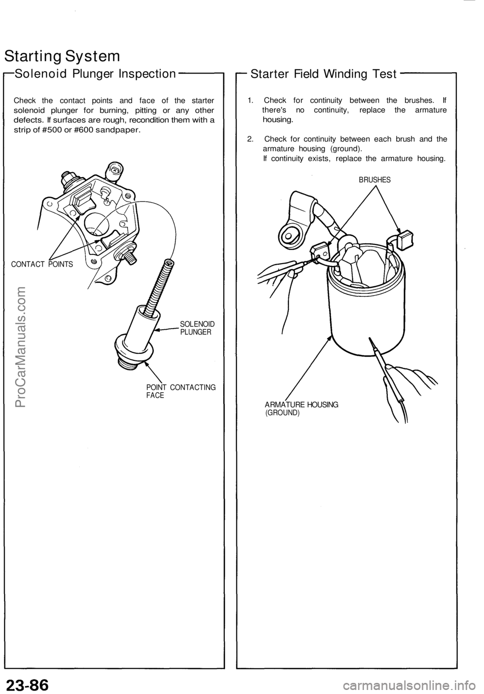 ACURA NSX 1991  Service Repair Manual 
Starting System

Solenoid Plunger Inspection

Check the contact points and face of the starter

solenoid plunger for burning, pitting or any other

defects. If surfaces are rough, recondition them wi