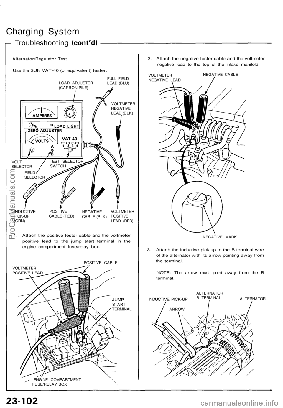 ACURA NSX 1991  Service Repair Manual 
Charging System

Troubleshooting

Alternator/Regulator Test

Use the SUN VAT-40 (or equivalent) tester. 
2. Attach the negative tester cable and the voltmeter

negative lead to the top of the intake 