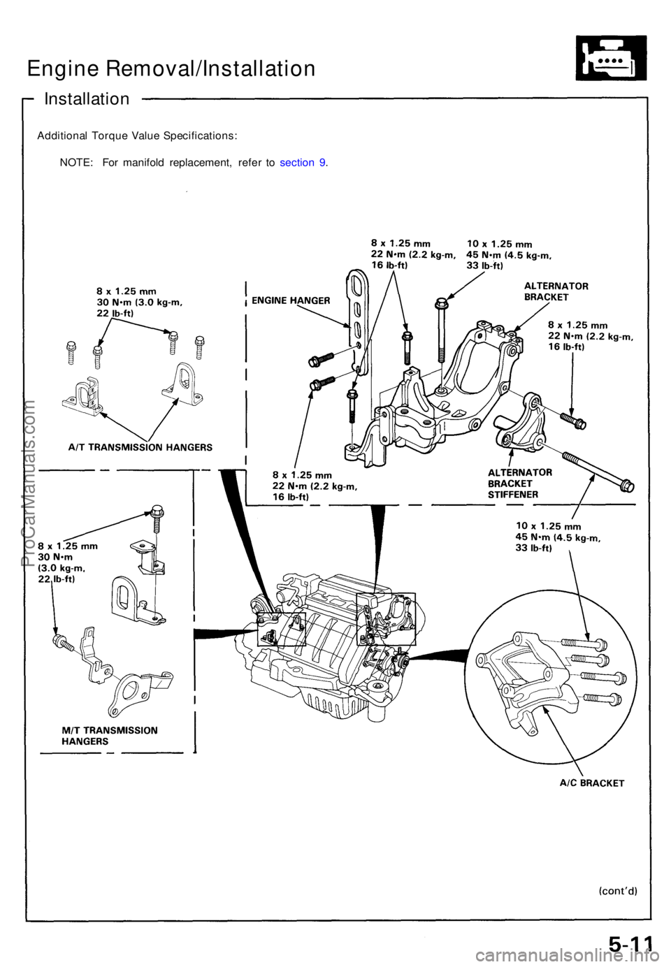 ACURA NSX 1991  Service Repair Manual Installation
Additional Torqu e Valu e Specifications :
NOTE : Fo r manifol d replacement , refe r t o sectio n 9 .
Engine Removal/Installation
ProCarManuals.com 