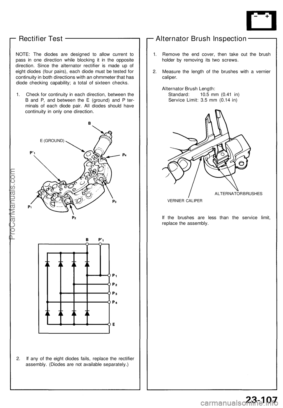 ACURA NSX 1991  Service Repair Manual 
Rectifier Test

NOTE: The diodes are designed to allow current to

pass in one direction while blocking it in the opposite

direction. Since the alternator rectifier is made up of

eight diodes (four