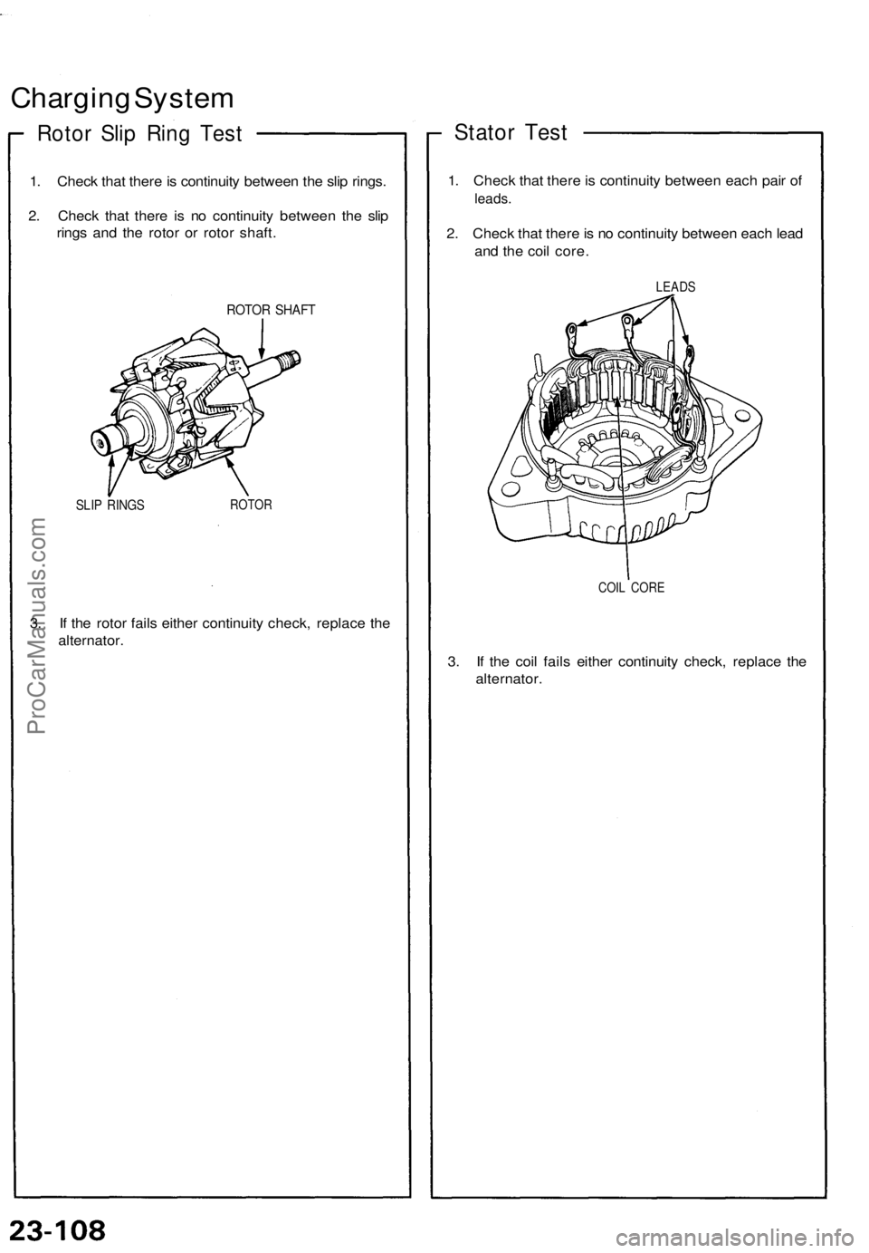 ACURA NSX 1991  Service Repair Manual 
Charging System

Rotor Slip Ring Test

1. Check that there is continuity between the slip rings.

2. Check that there is no continuity between the slip

rings and the rotor or rotor shaft.

ROTOR SHA