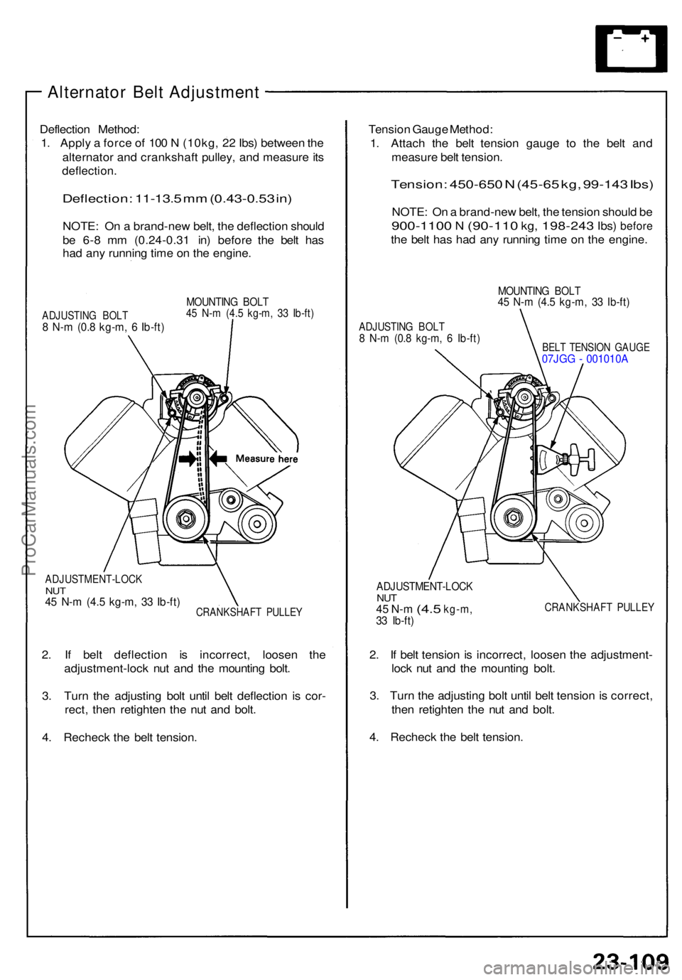 ACURA NSX 1991  Service Repair Manual Alternator Belt Adjustment
Deflectio n Method :
1 . Appl y a  forc e o f 10 0 N  (10kg , 2 2 Ibs ) betwee n th e
alternato r an d crankshaf t pulley , an d measur e it s
deflection .
Deflection : 11-1