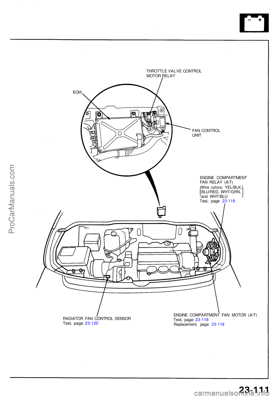 ACURA NSX 1991  Service Repair Manual THROTTLE VALV E CONTRO L
MOTO R RELA Y
ECM
FAN CONTRO LUNIT
ENGIN E COMPARTMEN T
FA N RELA Y (A/T )
Wir e colors : YEL/BLK ,
BLU/RED , WHT/GRN ,
an d WHT/BL U
Test , pag e  23-11 9
RADIATO R FA N CONT