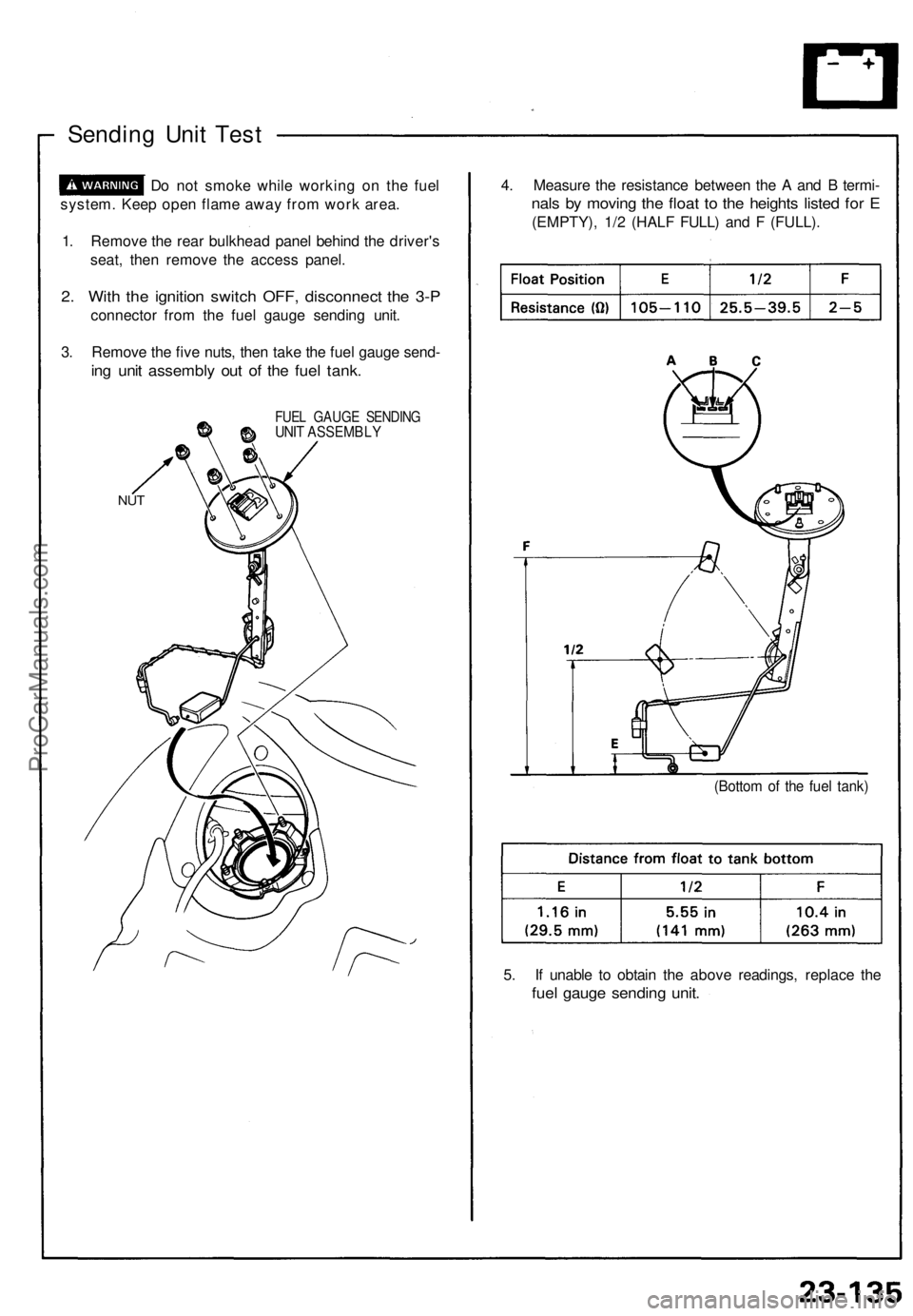 ACURA NSX 1991  Service Repair Manual 
Sending Unit Test

Do not smoke while working on the fuel

system. Keep open flame away from work area.

1. Remove the rear bulkhead panel behind the driver's

seat, then remove the access panel.
