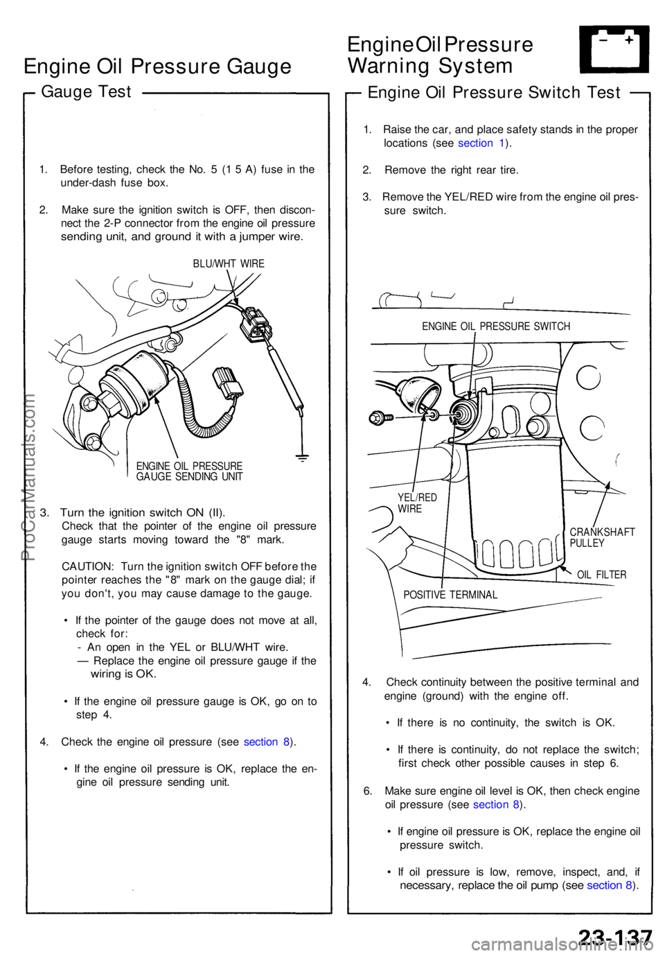 ACURA NSX 1991  Service Repair Manual Engine Oi l Pressur e Gaug e
Gauge Tes t
1. Befor e testing , chec k th e No . 5  (1 5  A ) fus e i n th e
under-das h fus e box .
2 . Mak e sur e th e ignitio n switc h i s OFF , the n discon -
nec t