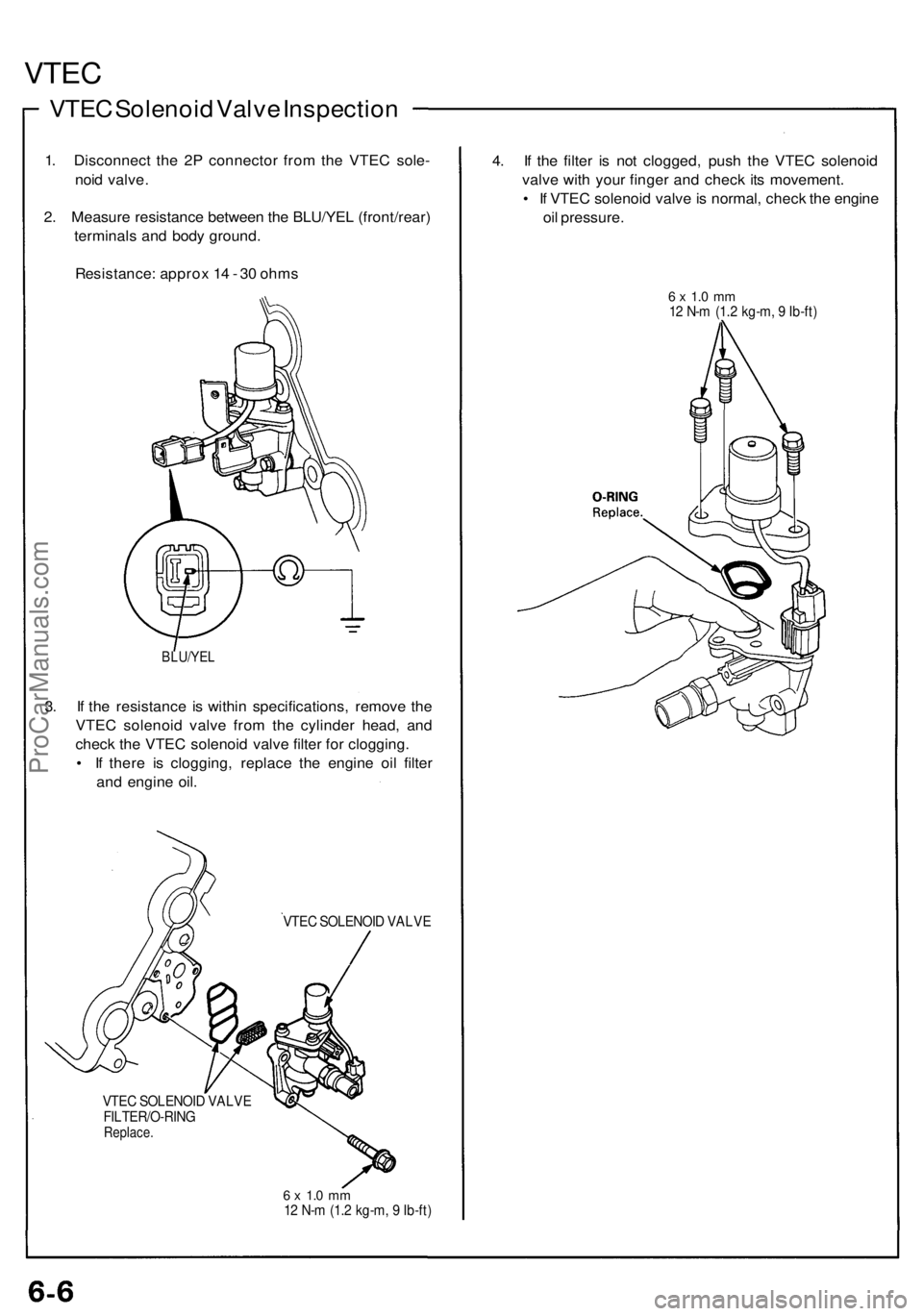 ACURA NSX 1991  Service Repair Manual VTEC
VTEC Solenoi d Valv e Inspectio n
1. Disconnec t th e 2 P connecto r fro m th e VTE C sole -
noi d valve .
2 . Measur e resistanc e betwee n th e BLU/YE L (front/rear )
terminal s an d bod y grou