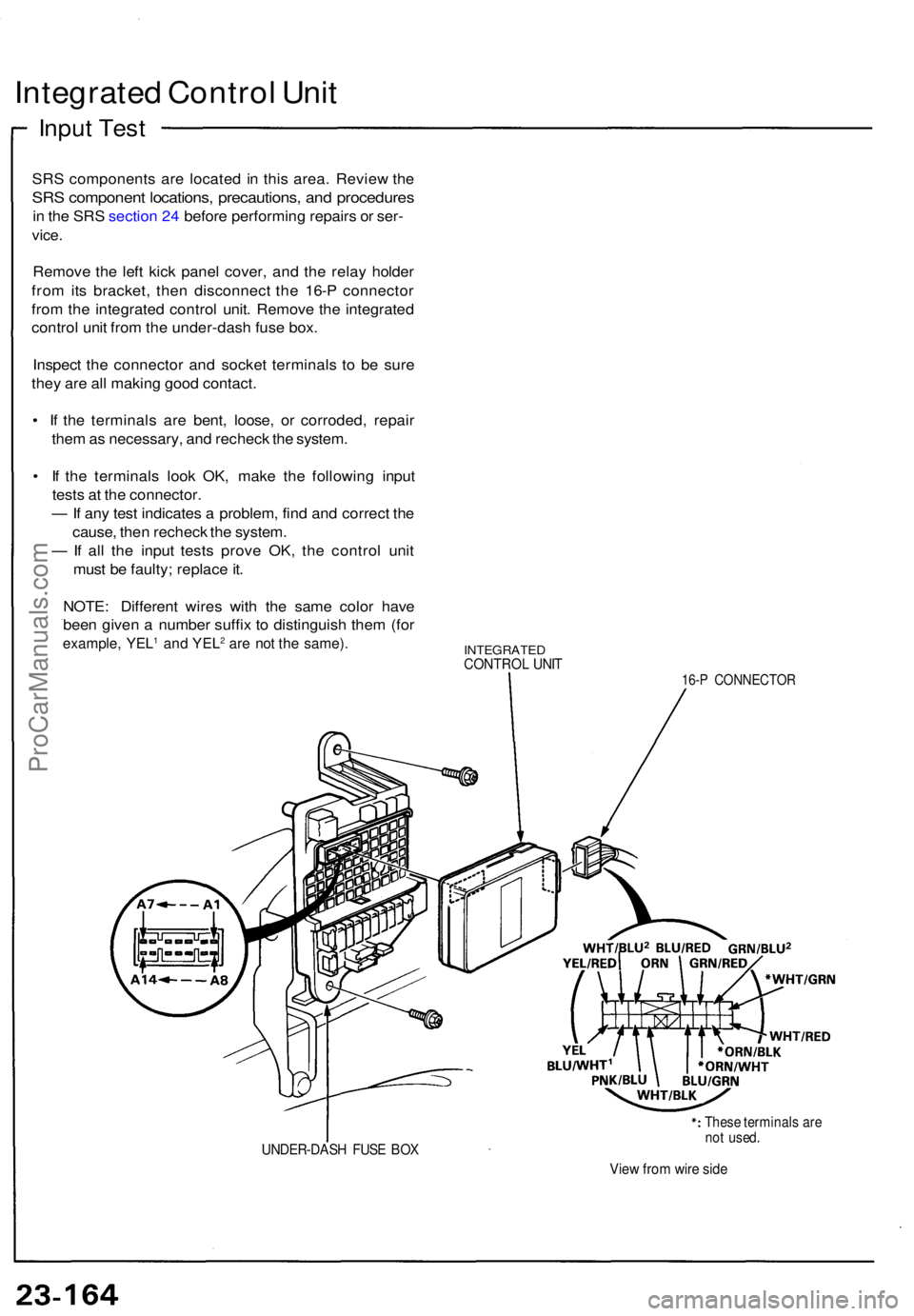 ACURA NSX 1991  Service Repair Manual Integrated Contro l Uni t
Inpu t Tes t
SRS component s ar e locate d i n thi s area . Revie w th e
SR S componen t locations , precautions , an d procedure s
in  th e SR S sectio n 24  befor e perform