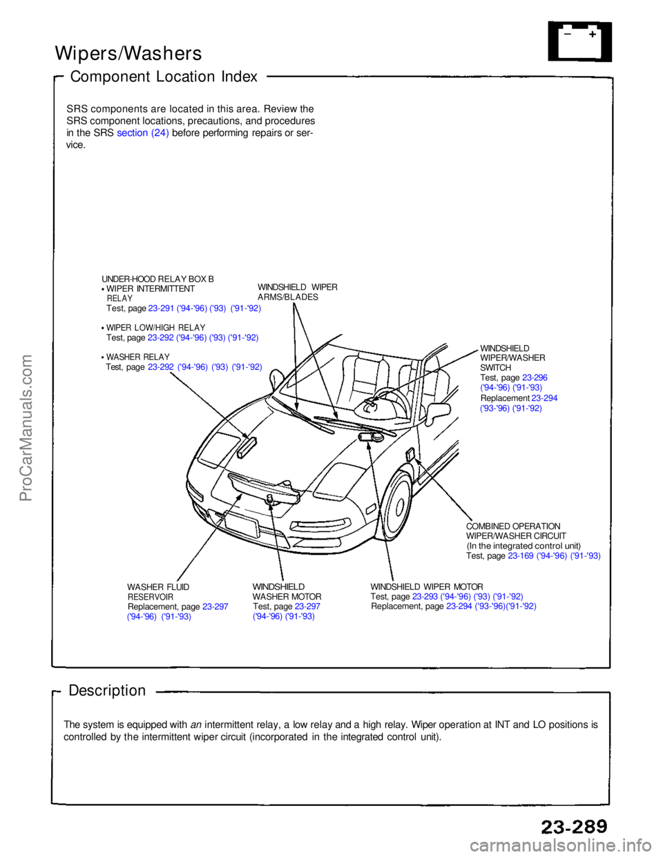 ACURA NSX 1991 Service Repair Manual Wipers/Washers
Component Location Index
SRS components are located in this area. Review theSRS component locations, precautions, and procedures
in the SRS section (24) before performing repairs or se ACURA NSX 1991 Service Repair Manual Wipers/Washers
Component Location Index
SRS components are located in this area. Review theSRS component locations, precautions, and procedures
in the SRS section (24) before performing repairs or se