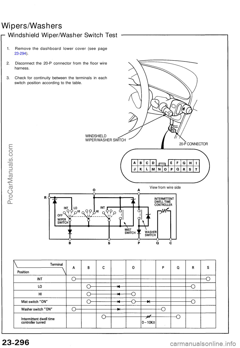 ACURA NSX 1991  Service Repair Manual Wipers/Washers
Windshield Wiper/Washe r Switc h Tes t
1. Remov e th e dashboar d lowe r cove r (se e pag e
23-294 ).
2 . Disconnec t th e 20- P connecto r fro m th e floo r wir e
harness .
3. Chec k f