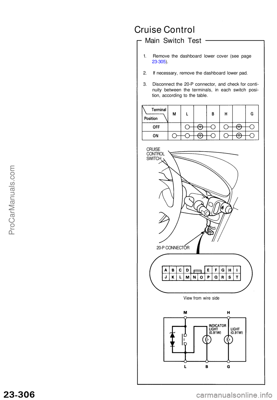 ACURA NSX 1991  Service Repair Manual Cruise Contro l
Main Switc h Tes t
1. Remov e th e dashboar d lowe r cove r (se e page
23-305 ).
2 . I f necessary , remov e th e dashboar d lowe r pad .
3 . Disconnec t th e 20- P connector,  and che