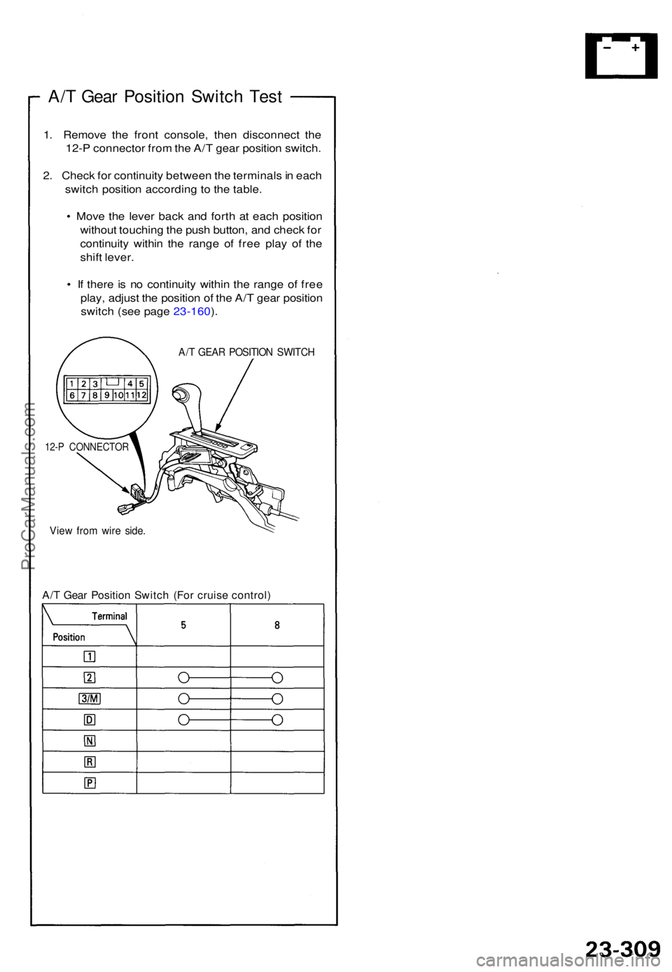 ACURA NSX 1991  Service Repair Manual A/T Gea r Positio n Switc h Tes t
1. Remov e th e fron t console , the n disconnec t th e
12- P connecto r fro m th e A/ T gea r positio n switch .
2 . Chec k fo r continuit y betwee n th e terminal s