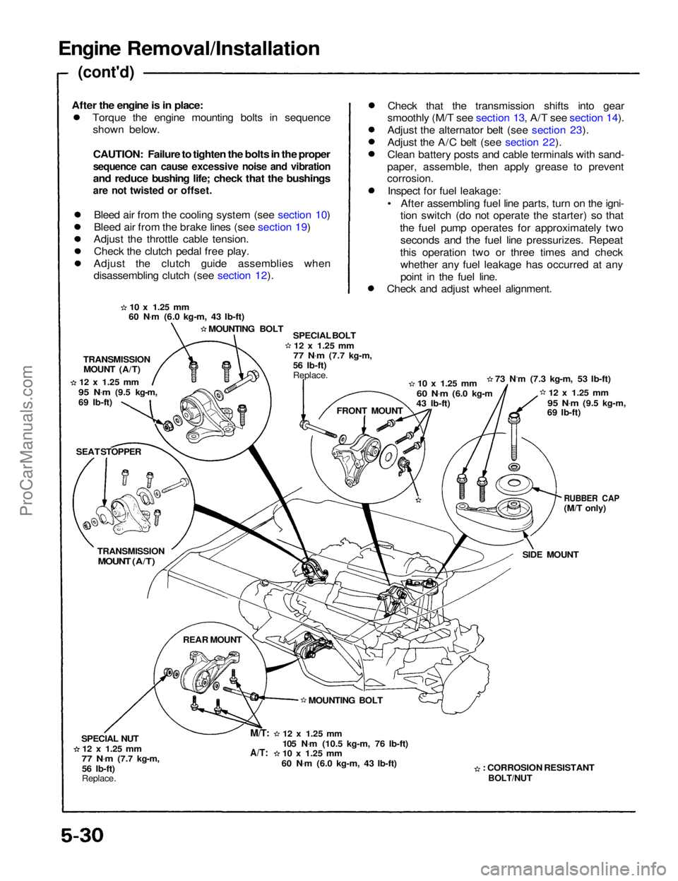 ACURA NSX 1991 Service Repair Manual
Engine Removal/Installation
(cont'd)
Torque the engine mounting bolts in sequenceshown below.
CAUTION: Failure to tighten the bolts in the proper
sequence can cause excessive noise and vibrati ACURA NSX 1991 Service Repair Manual
Engine Removal/Installation
(cont'd)
Torque the engine mounting bolts in sequenceshown below.
CAUTION: Failure to tighten the bolts in the proper
sequence can cause excessive noise and vibrati