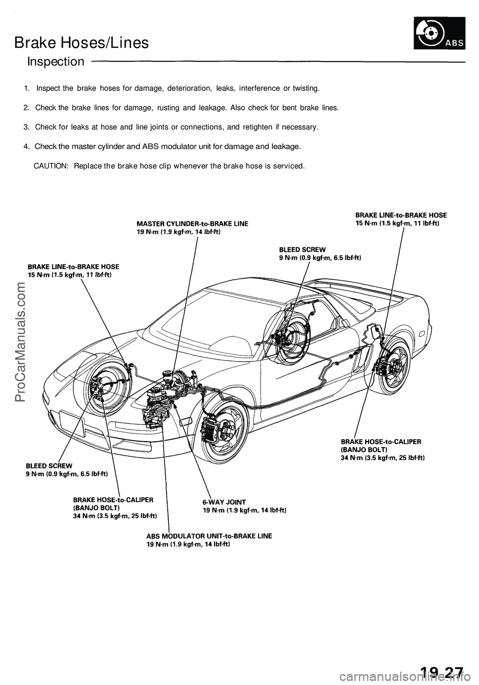 ACURA NSX 1997  Service Repair Manual 
Brake Hoses/Lines

Inspection

1. Inspect the brake hoses for damage, deterioration, leaks, interference or twisting.

2. Check the brake lines for damage, rusting and leakage. Also check for bent br