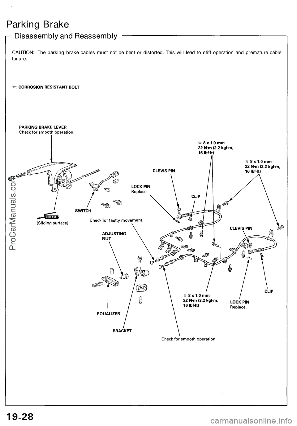ACURA NSX 1997  Service Repair Manual 
Disassembly and Reassembly
Parking Brake

CAUTION: The parking brake cables must not be bent or distorted. This will lead to stiff operation and premature cable

failure.ProCarManuals.com 