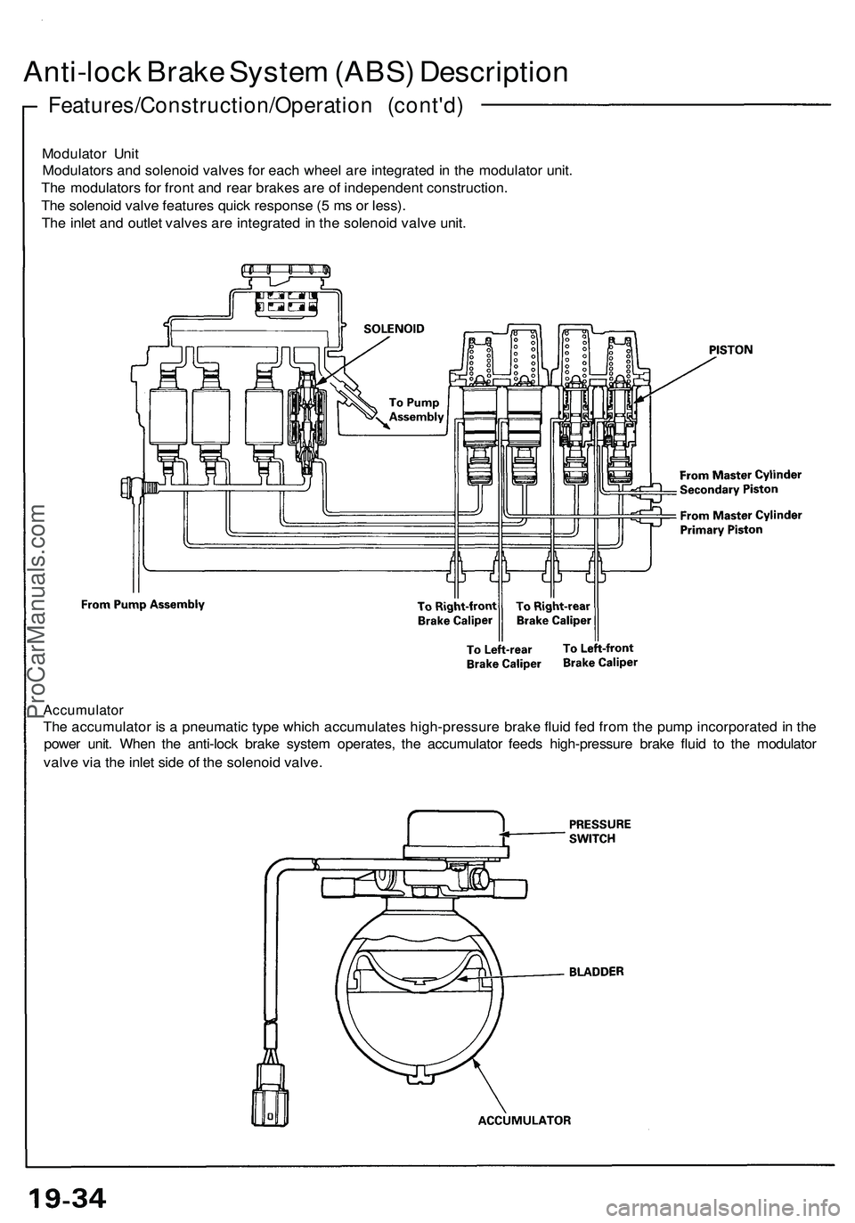 ACURA NSX 1997  Service Repair Manual 
Accumulator

The accumulator is a pneumatic type which accumulates high-pressure brake fluid fed from the pump incorporated in the

power unit. When the anti-lock brake system operates, the accumulat