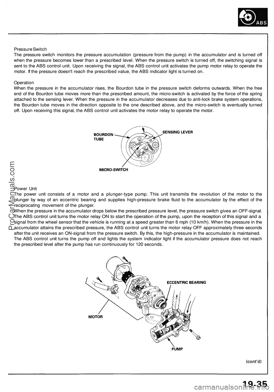 ACURA NSX 1997  Service Repair Manual 
Pressure Switch

The pressure switch monitors the pressure accumulation (pressure from the pump) in the accumulator and is turned off

when the pressure becomes lower than a prescribed level. When th
