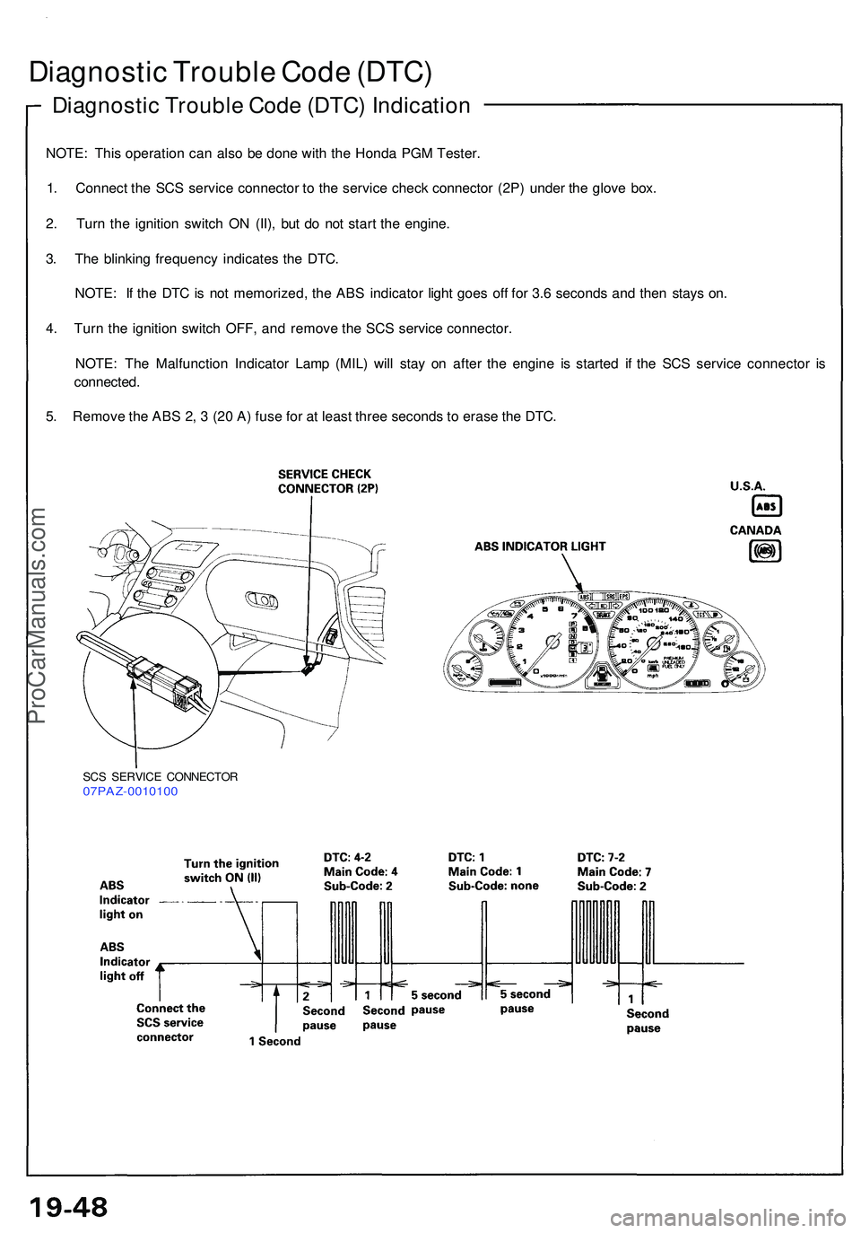 ACURA NSX 1997  Service Repair Manual Diagnostic Troubl e Cod e (DTC ) Indicatio n
Diagnosti c Troubl e Cod e (DTC )
NOTE : Thi s operatio n ca n als o b e don e wit h th e Hond a PG M Tester .
1 . Connec t th e SC S servic e connecto r t