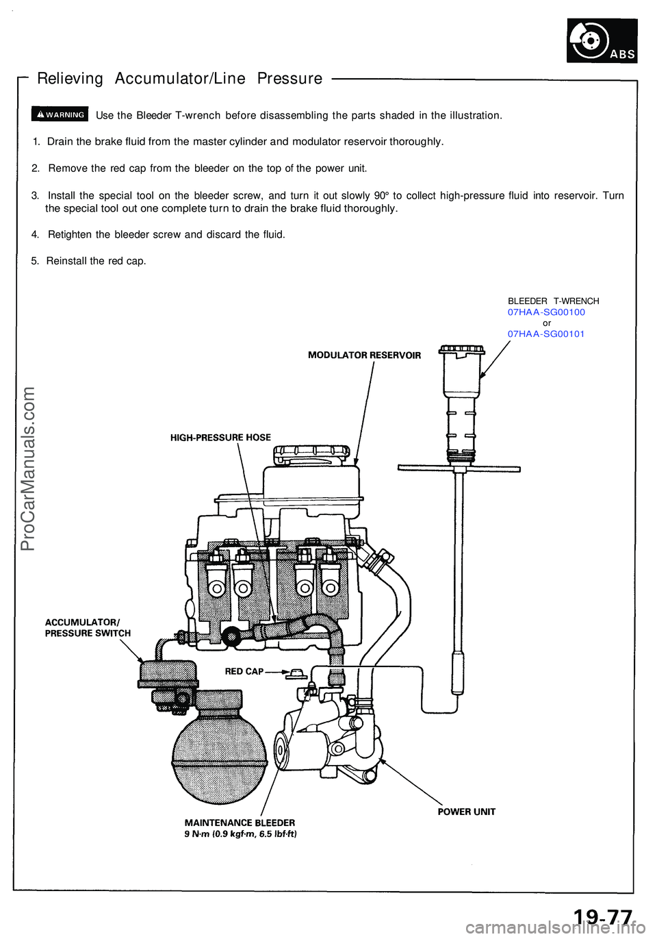 ACURA NSX 1997  Service Repair Manual Relieving Accumulator/Lin e Pressur e
Use th e Bleede r T-wrenc h befor e disassemblin g th e part s shade d i n th e illustration .
1. Drai n th e brak e flui d fro m th e maste r cylinde r an d modu