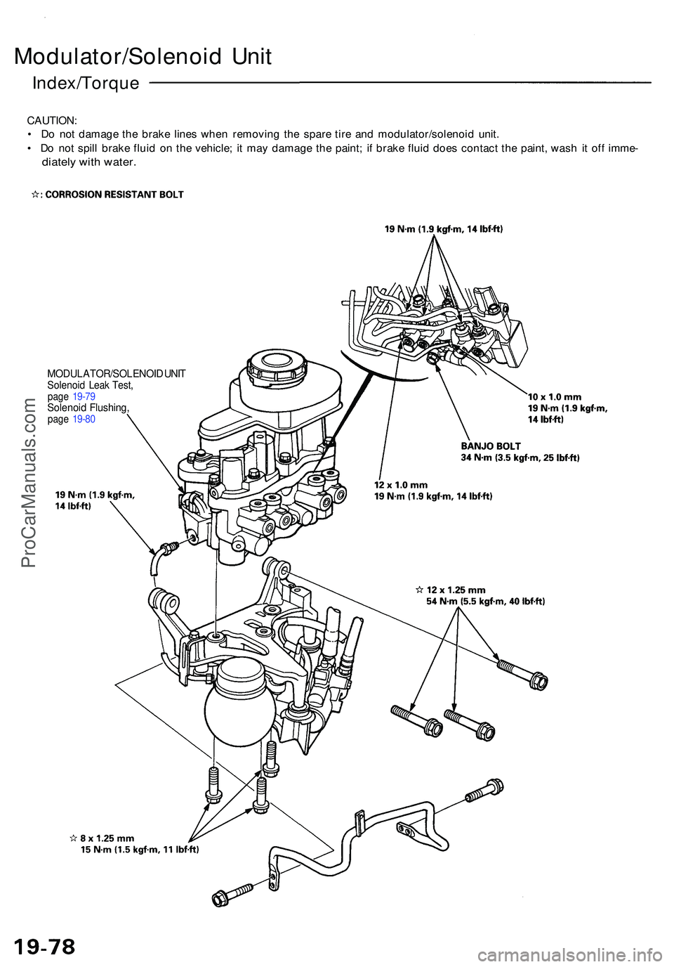 ACURA NSX 1997  Service Repair Manual CAUTION:
•  D o no t damag e th e brak e line s whe n removin g th e spar e tir e an d modulator/solenoi d unit .
•  D o no t spil l brak e flui d o n th e vehicle ; i t ma y damag e th e paint ; 