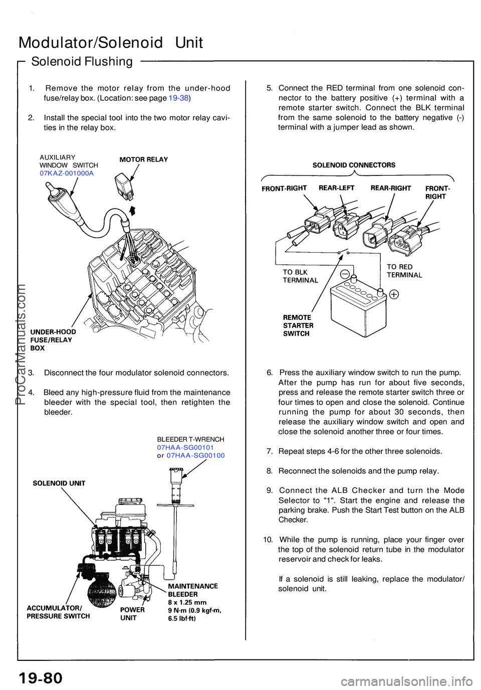 ACURA NSX 1997  Service Repair Manual Solenoid Flushin g
Modulator/Solenoi d Uni t
1. Remov e th e moto r rela y fro m th e under-hoo d
fuse/rela y box . (Location : se e pag e 19-38 )
2 . Instal l th e specia l too l int o th e tw o moto