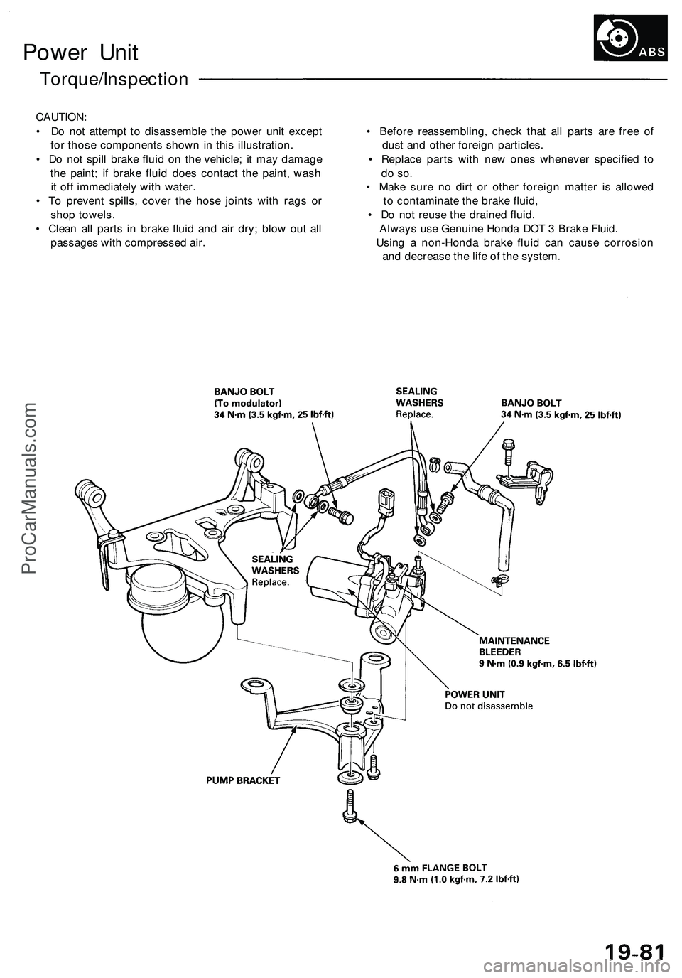 ACURA NSX 1997  Service Repair Manual 
Power Unit

Torque/Inspection

CAUTION:

• Do not attempt to disassemble the power unit except • Before reassembling, check that all parts are free of

for those components shown in this illustra