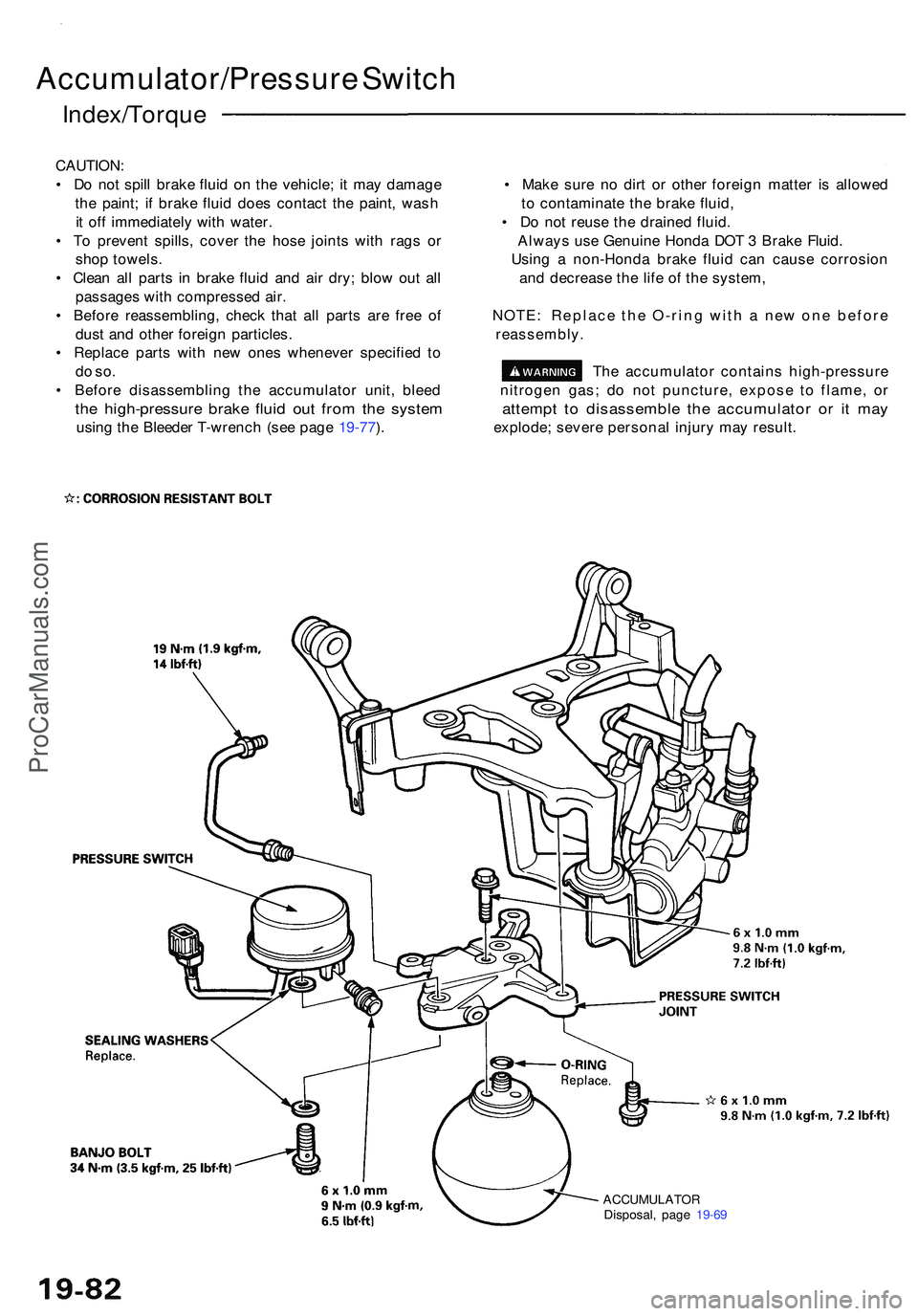 ACURA NSX 1997  Service Repair Manual Accumulator/Pressure Switc h
Index/Torqu e
CAUTION:
•  D o no t spil l brak e flui d o n th e vehicle ; i t ma y damag e •  Make sur e n o dir t o r othe r foreig n matte r i s allowe d
th e paint