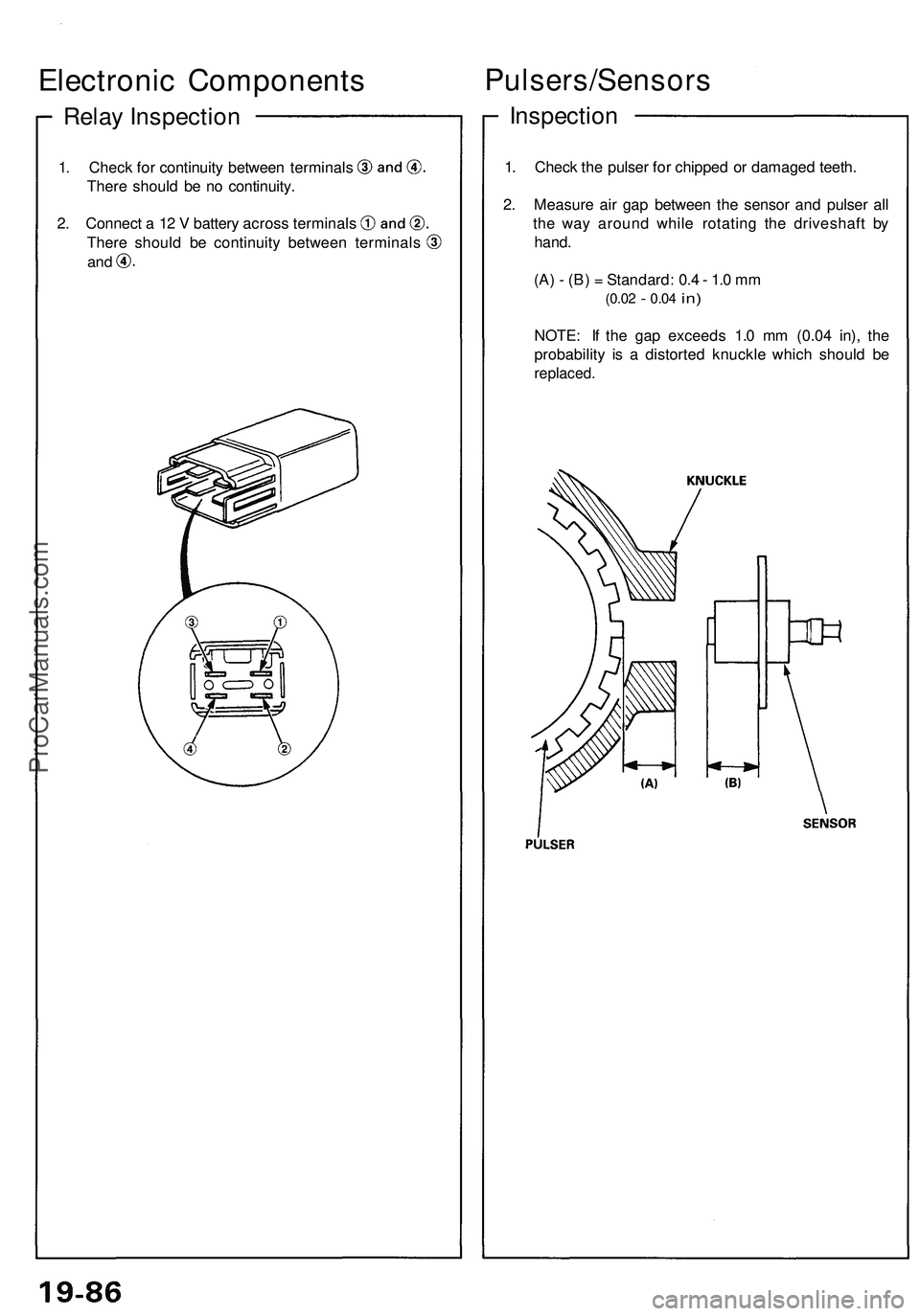 ACURA NSX 1997  Service Repair Manual 
Relay Inspection
Electronic Components

1. Check for continuity between terminals

There should be no continuity.

2. Connect a 12 V battery across terminals

There should be continuity between termi