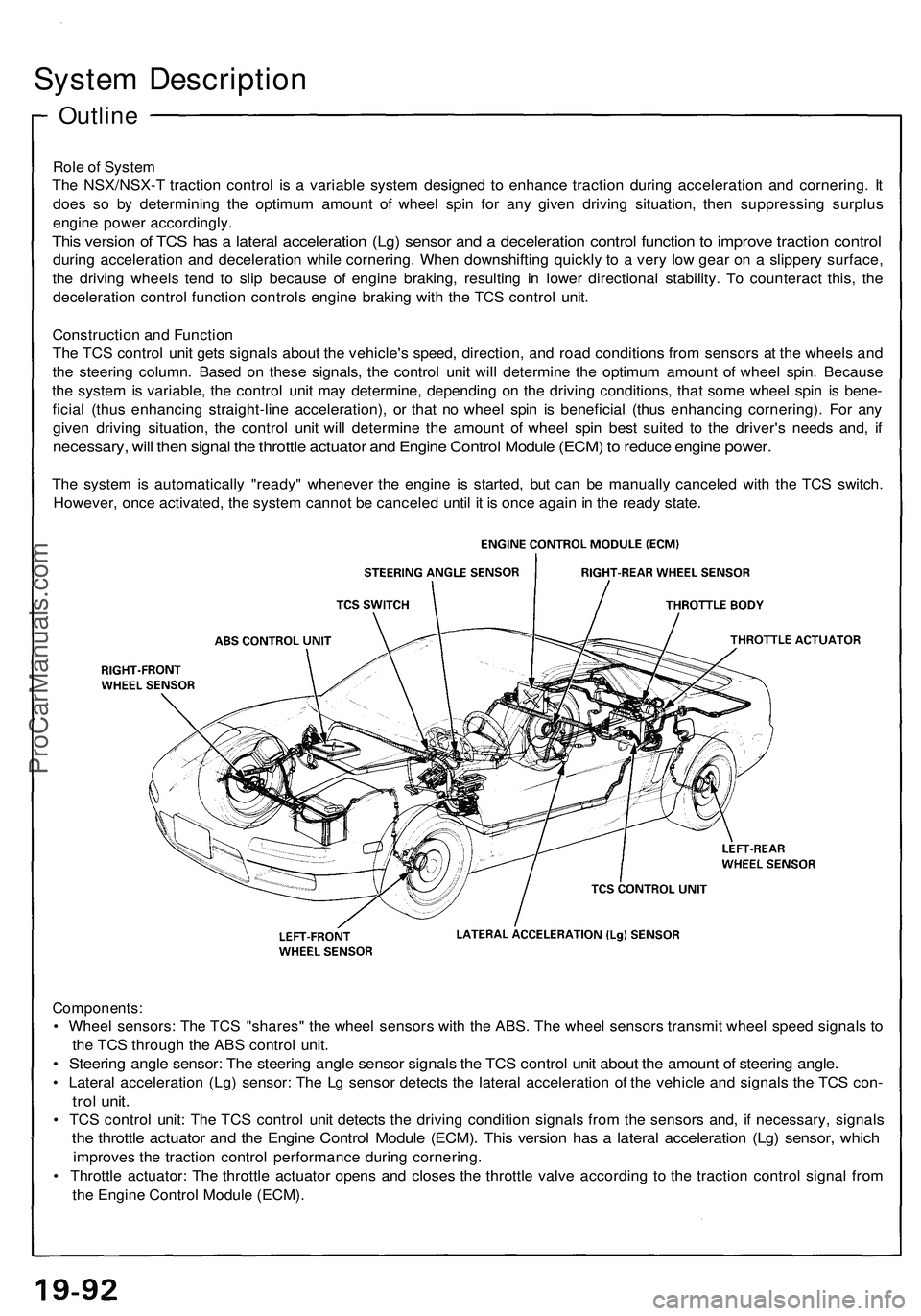 ACURA NSX 1997 Service Repair Manual
Outline
System Description
Role of System
The NSX/NSX-T traction control is a variable system designed to enhance traction during acceleration and cornering. It
does so by determining the optimum ACURA NSX 1997 Service Repair Manual
Outline
System Description
Role of System
The NSX/NSX-T traction control is a variable system designed to enhance traction during acceleration and cornering. It
does so by determining the optimum