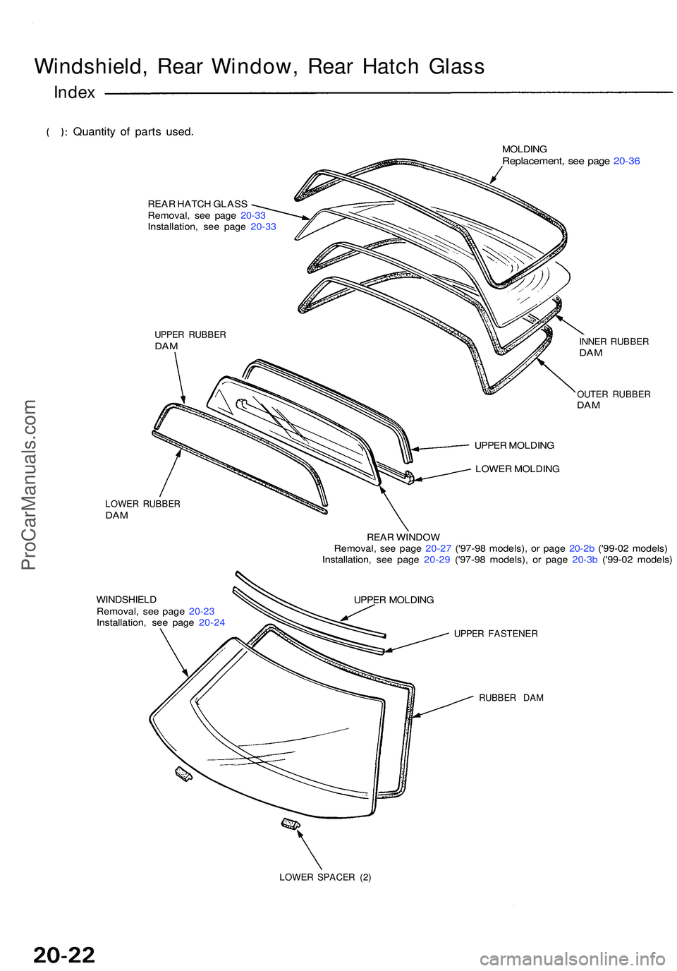 ACURA NSX 1997  Service Repair Manual Windshield, Rea r Window , Rea r Hatc h Glas s
Index
Quantit y o f part s used .
REAR HATC H GLAS S
Removal , se e pag e 20-3 3
Installation , se e pag e 20-3 3
UPPE R RUBBE RDAM
LOWE R RUBBE RDAM
WIN