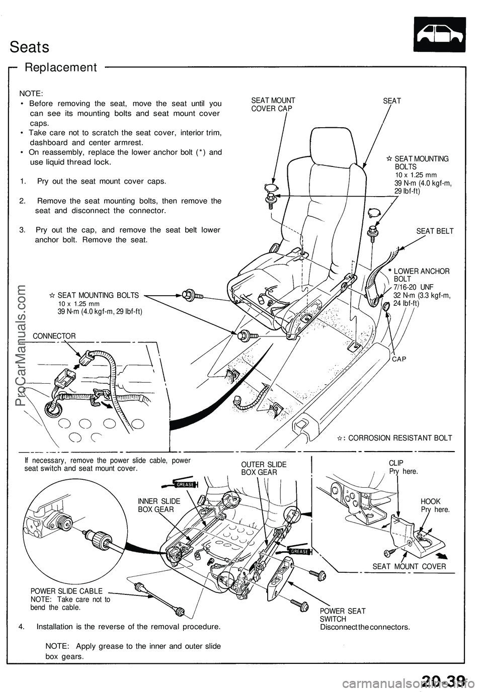 ACURA NSX 1997  Service Repair Manual Seats
Replacemen t
NOTE:
•  Befor e removin g th e seat , mov e th e sea t unti l yo u
can se e it s mountin g bolt s an d sea t moun t cove r
caps.
•  Tak e car e no t t o scratc h th e sea t cov