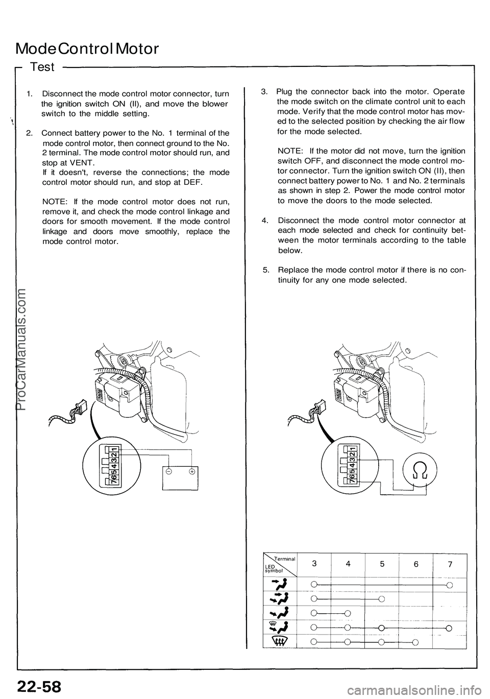 ACURA NSX 1997 Service Repair Manual
Mode Control Motor
Test
1. Disconnect the mode control motor connector, turn
the ignition switch ON (II), and move the blower
switch to the middle setting.
2. Connect battery power to the No. 1 ACURA NSX 1997 Service Repair Manual
Mode Control Motor
Test
1. Disconnect the mode control motor connector, turn
the ignition switch ON (II), and move the blower
switch to the middle setting.
2. Connect battery power to the No. 1
