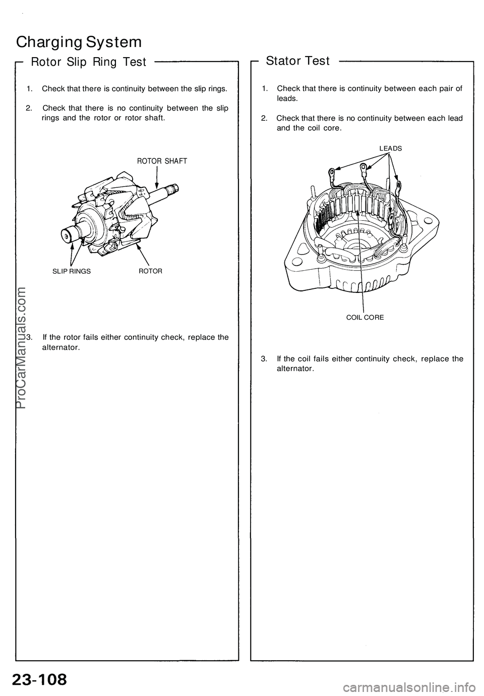 ACURA NSX 1997  Service Repair Manual 
Charging System

Rotor Slip Ring Test

1. Check that there is continuity between the slip rings.

2. Check that there is no continuity between the slip

rings and the rotor or rotor shaft.

ROTOR SHA
