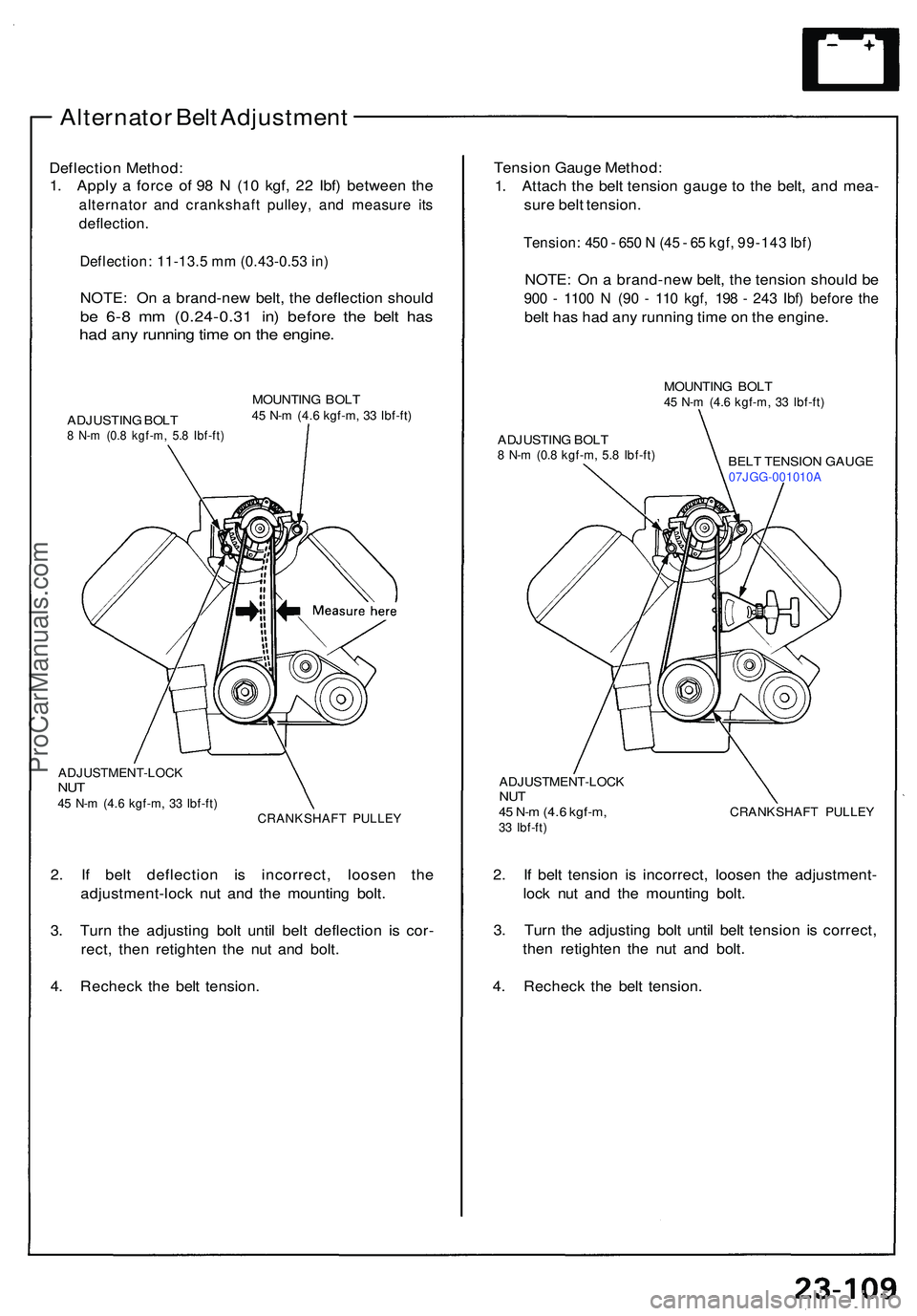 ACURA NSX 1997  Service Repair Manual Alternator Bel t Adjustmen t
Deflection Method :
1 . Appl y a  forc e o f 9 8 N  (1 0 kgf , 2 2 Ibf ) betwee n th e
alternato r an d crankshaf t pulley , an d measur e it s
deflection .
Deflection : 1