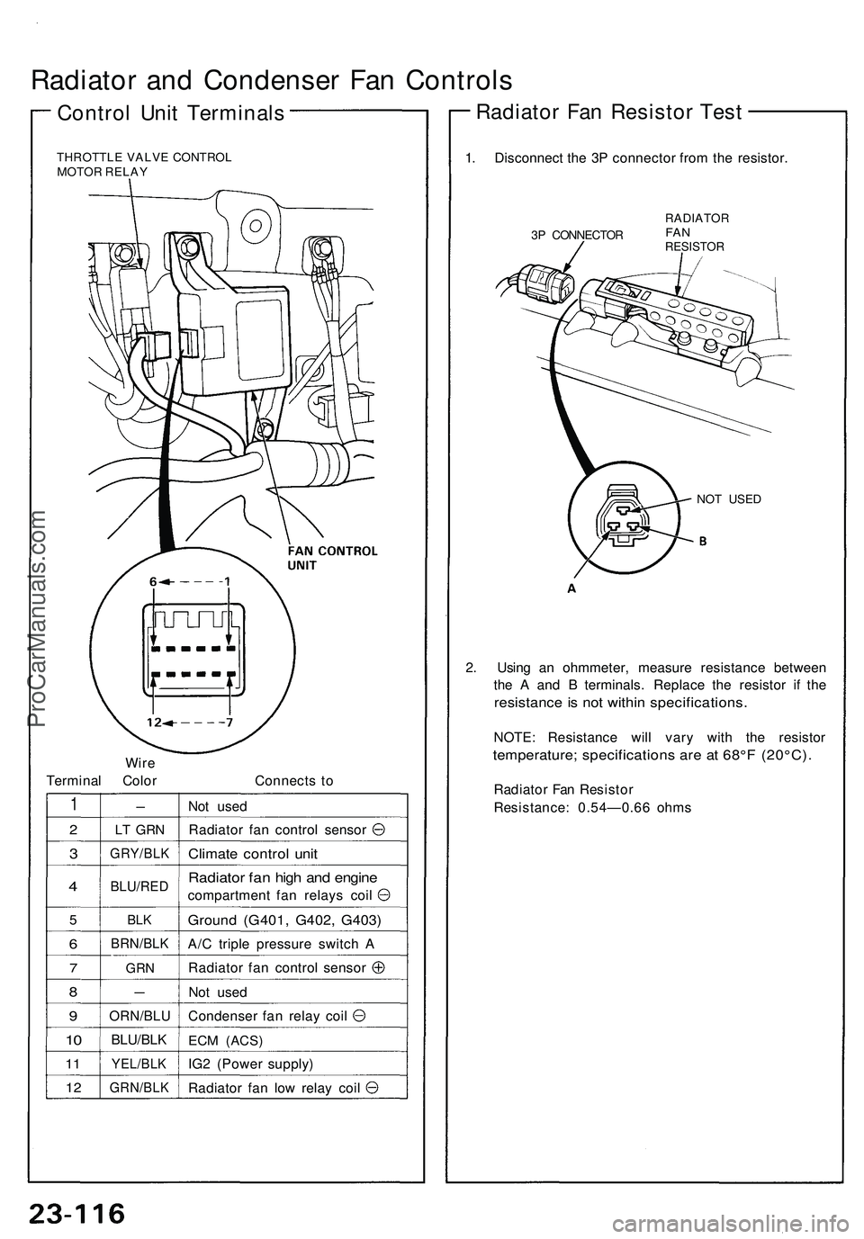 ACURA NSX 1997  Service Repair Manual 
Radiator and Condenser Fan Controls

Control Unit Terminals

THROTTLE VALVE CONTROL

MOTOR RELAY

Wire

Terminal Color 
Connects to

1

2

3

4

5

6

7

8

9

10

11

12 
-

LT GRN

GRY/BLK

BLU/RED