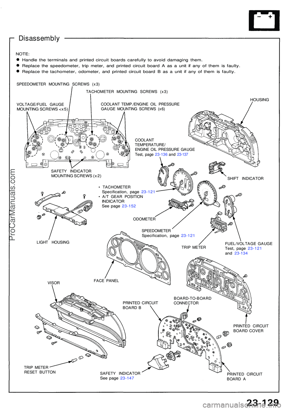 ACURA NSX 1997 Service Repair Manual Disassembly
NOTE:
Handle th e terminal s an d printe d circui t board s carefull y t o avoi d damagin g them .
Replac e th e speedometer , tri p meter , an d printe d circui t boar d A as a uni t i ACURA NSX 1997 Service Repair Manual Disassembly
NOTE:
Handle th e terminal s an d printe d circui t board s carefull y t o avoi d damagin g them .
Replac e th e speedometer , tri p meter , an d printe d circui t boar d A as a uni t i