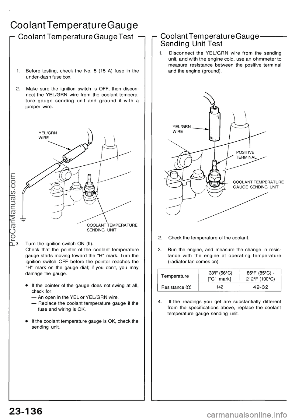 ACURA NSX 1997 Service Repair Manual Coolant Temperatur e Gaug e
Coolan t Temperatur e Gaug e Tes t
1. Befor e testing , chec k th e No . 5 (1 5 A ) fus e i n th e
under-das h fus e box .
2 . Mak e sur e th e ignitio n switc h i s OFF , ACURA NSX 1997 Service Repair Manual Coolant Temperatur e Gaug e
Coolan t Temperatur e Gaug e Tes t
1. Befor e testing , chec k th e No . 5 (1 5 A ) fus e i n th e
under-das h fus e box .
2 . Mak e sur e th e ignitio n switc h i s OFF ,