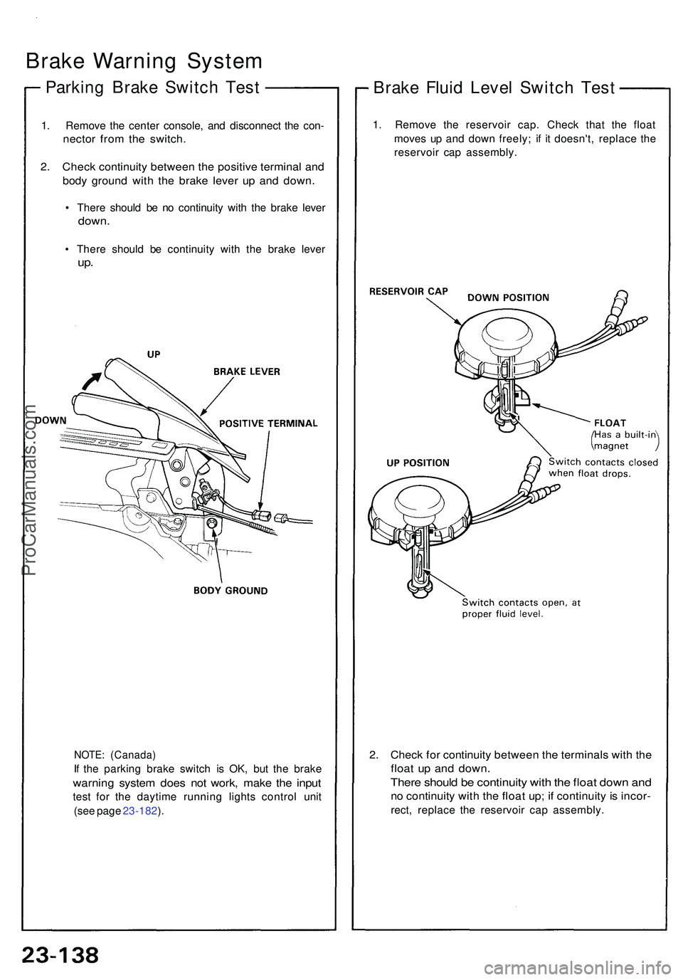 ACURA NSX 1997 Service Repair Manual Parking Brak e Switc h Tes t
Brak e Warnin g Syste m
1. Remov e th e cente r console , an d disconnec t th e con -
necto r fro m th e switch .
2. Chec k continuit y betwee n th e positiv e termina l a ACURA NSX 1997 Service Repair Manual Parking Brak e Switc h Tes t
Brak e Warnin g Syste m
1. Remov e th e cente r console , an d disconnec t th e con -
necto r fro m th e switch .
2. Chec k continuit y betwee n th e positiv e termina l a