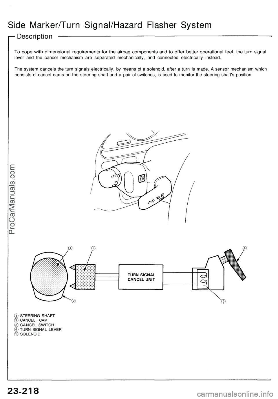 ACURA NSX 1997  Service Repair Manual 
Side Marker/Turn Signal/Hazard Flasher System

Description

To cope with dimensional requirements for the airbag components and to offer better operational feel, the turn signal

lever and the cancel