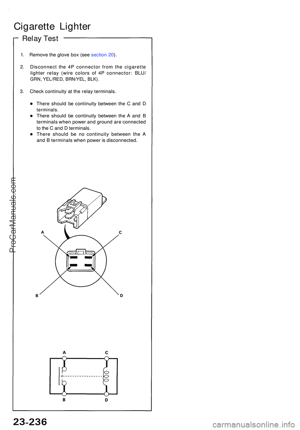 ACURA NSX 1997  Service Repair Manual 1. Remov e th e glov e bo x (se e sectio n 20 ).
2 . Disconnec t th e 4 P connecto r fro m th e cigarett e
lighte r rela y (wir e color s of  4P connector : BLU /
GRN, YEL/RED , BRN/YEL , BLK) .
3. Ch