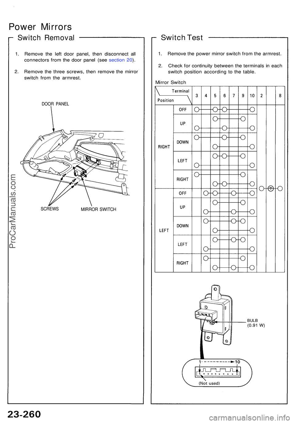 ACURA NSX 1997  Service Repair Manual Power Mirror s
Switch Remova l
1. Remov e th e lef t doo r panel , the n disconnec t al l
connector s fro m th e doo r pane l (se e sectio n 20 ).
2 . Remov e th e thre e screws , the n remov e th e m