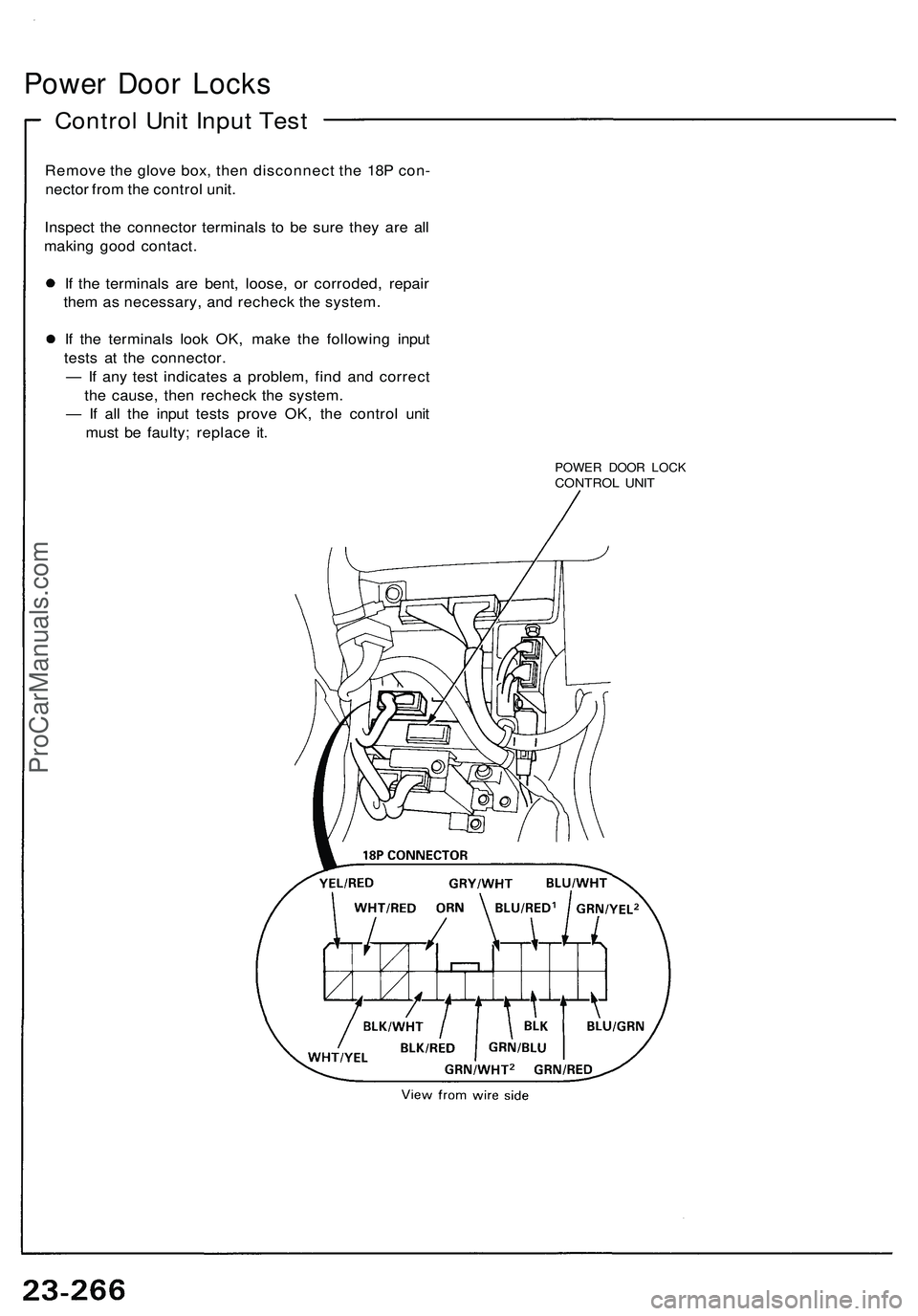 ACURA NSX 1997  Service Repair Manual 
Power Door Locks

Control Unit Input Test

Remove the glove box, then disconnect the 18P con-

nector from the control unit.

Inspect the connector terminals to be sure they are all

making good cont