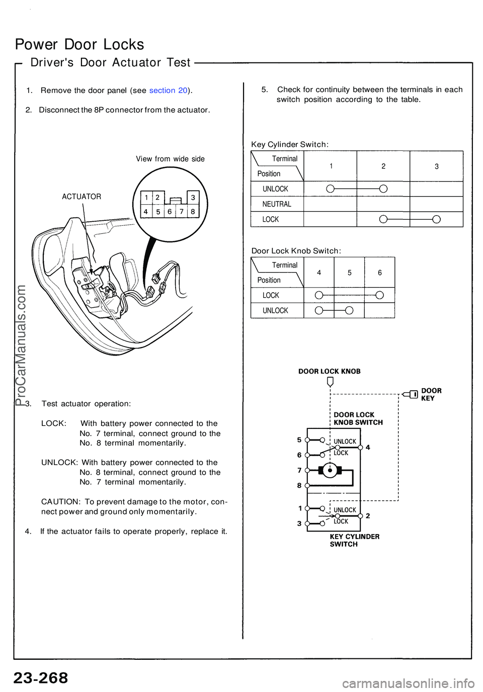 ACURA NSX 1997  Service Repair Manual Power Doo r Lock s
Driver' s Doo r Actuato r Tes t
1. Remov e th e doo r pane l (se e sectio n 20 ).
2 . Disconnec t th e 8 P connecto r fro m th e actuator .
ACTUATO R
View fro m wid e sid e
3. T