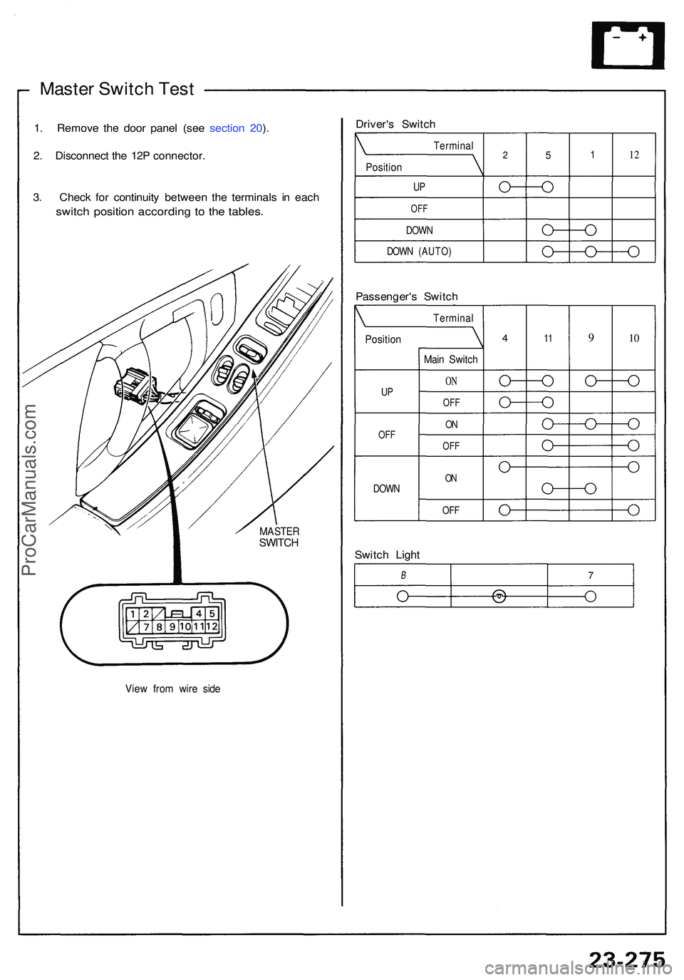 ACURA NSX 1997  Service Repair Manual Master Switc h Tes t
1. Remov e th e doo r pane l (se e sectio n 20 ).
2 . Disconnec t th e 12 P connector .
3 . Chec k fo r continuit y betwee n th e terminal s i n eac h
switc h positio n accordin g
