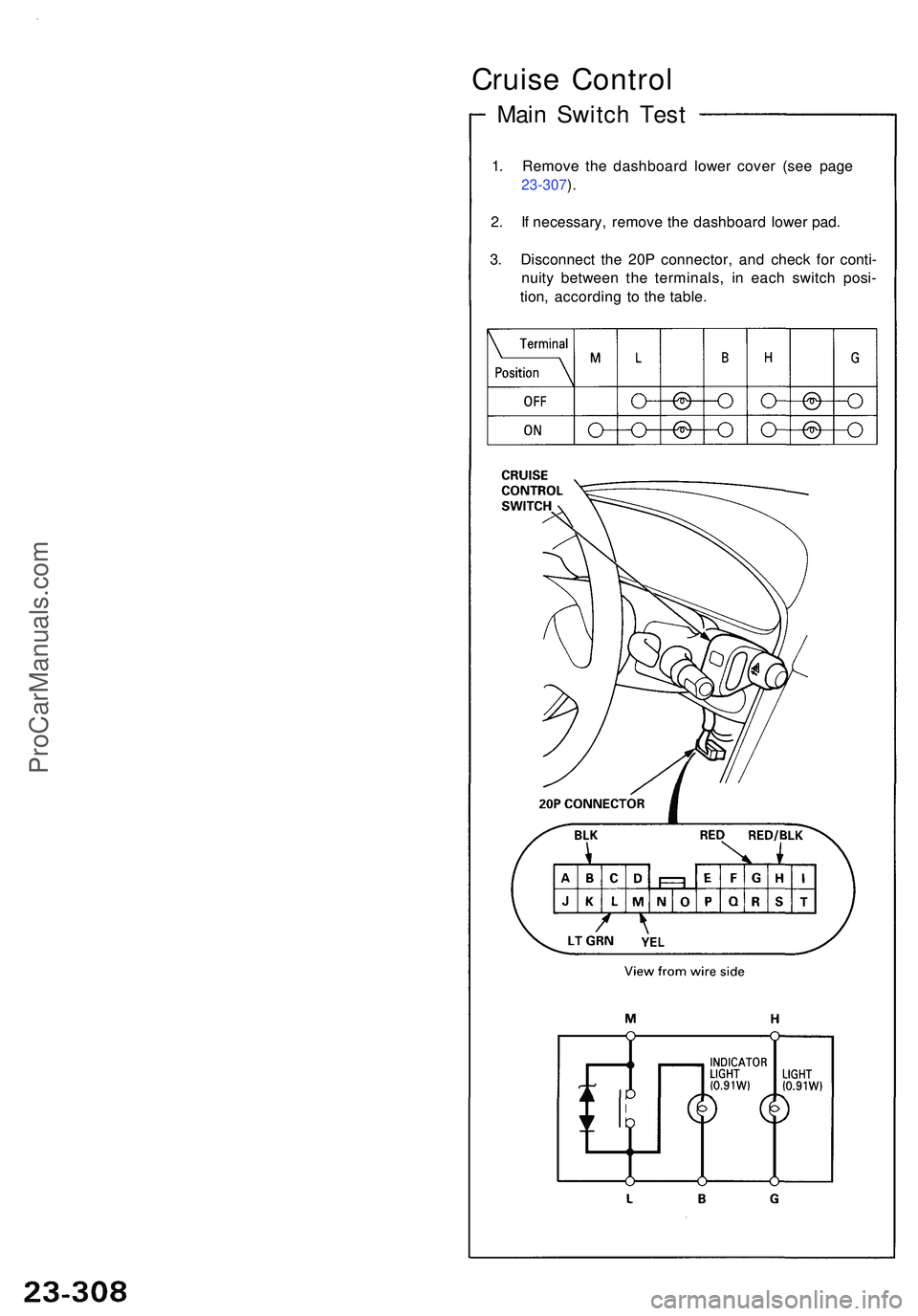 ACURA NSX 1997  Service Repair Manual Cruise Contro l
Main Switc h Tes t
1. Remov e th e dashboar d lowe r cove r (se e page
23-307 ).
2 . I f necessary , remov e th e dashboar d lowe r pad .
3 . Disconnec t th e 20 P connector , an d che
