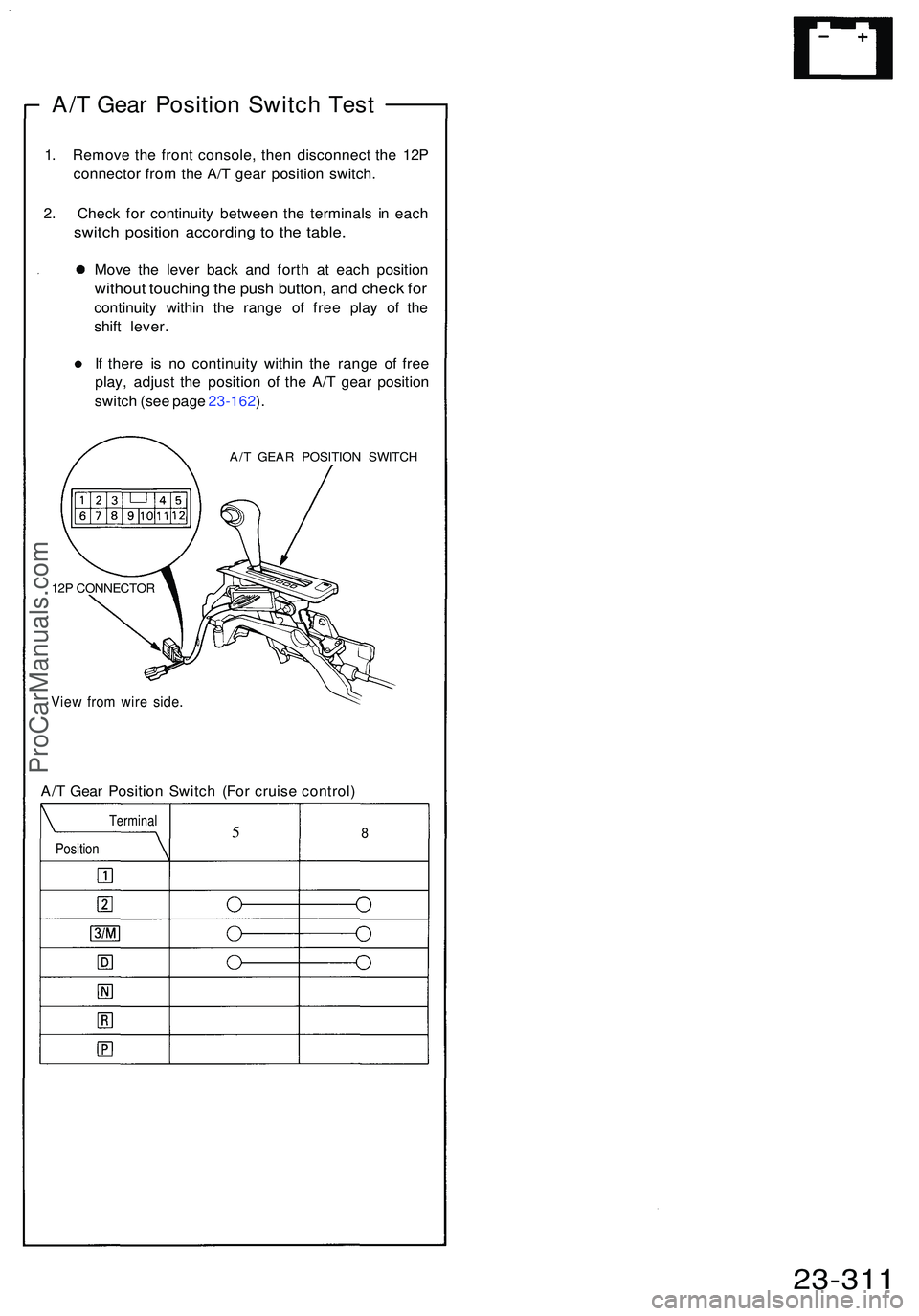 ACURA NSX 1997  Service Repair Manual A/T Gea r Positio n Switc h Tes t
1. Remov e th e fron t console , the n disconnec t th e 12 P
connecto r fro m th e A/ T gea r positio n switch .
2 . Chec k fo r continuit y betwee n th e terminal s 