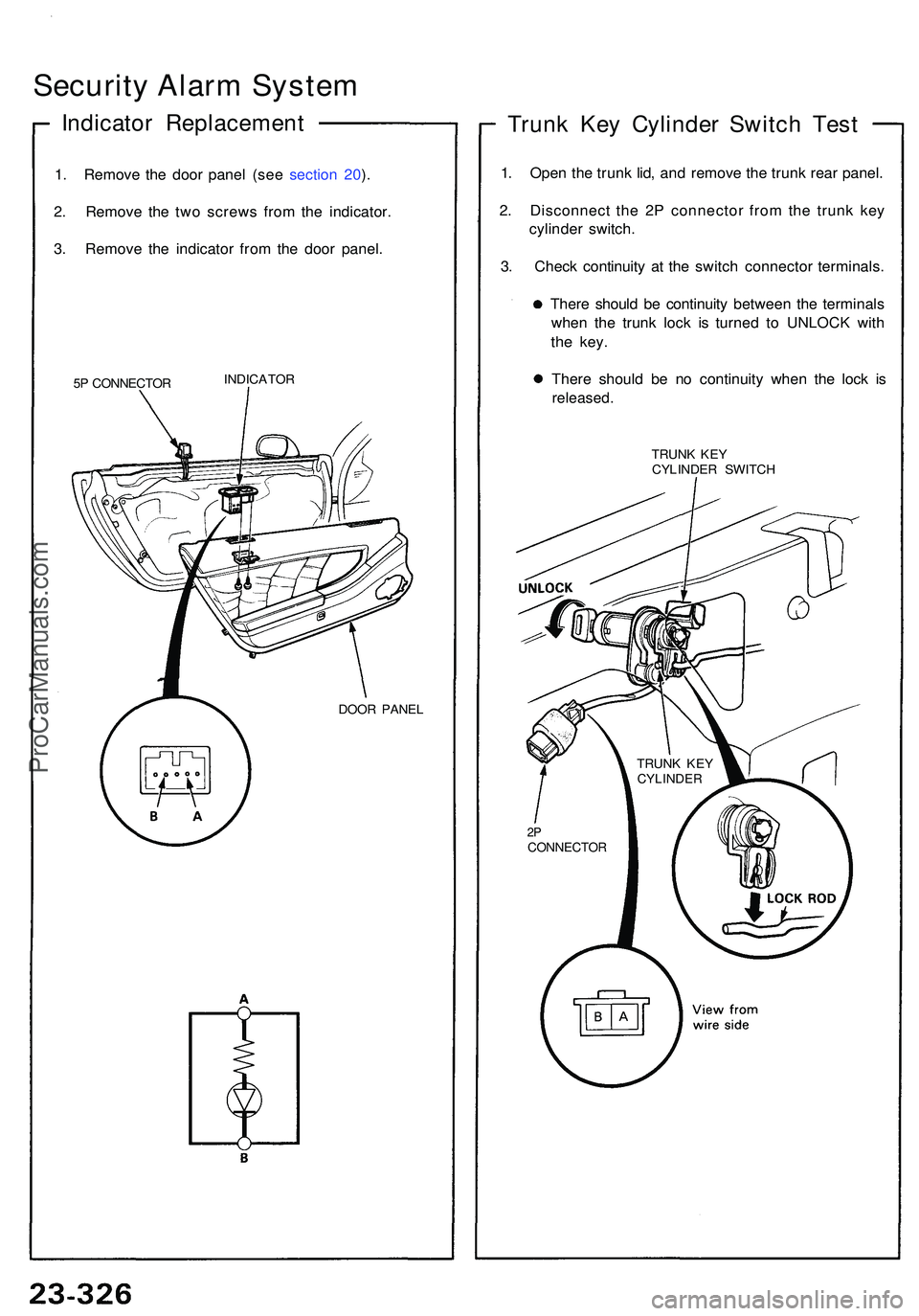 ACURA NSX 1997  Service Repair Manual Security Alar m Syste m
Indicato r Replacemen t
1. Remov e th e doo r pane l (se e sectio n 20 ).
2 . Remov e th e tw o screw s fro m th e indicator .
3 . Remov e th e indicato r fro m th e doo r pane